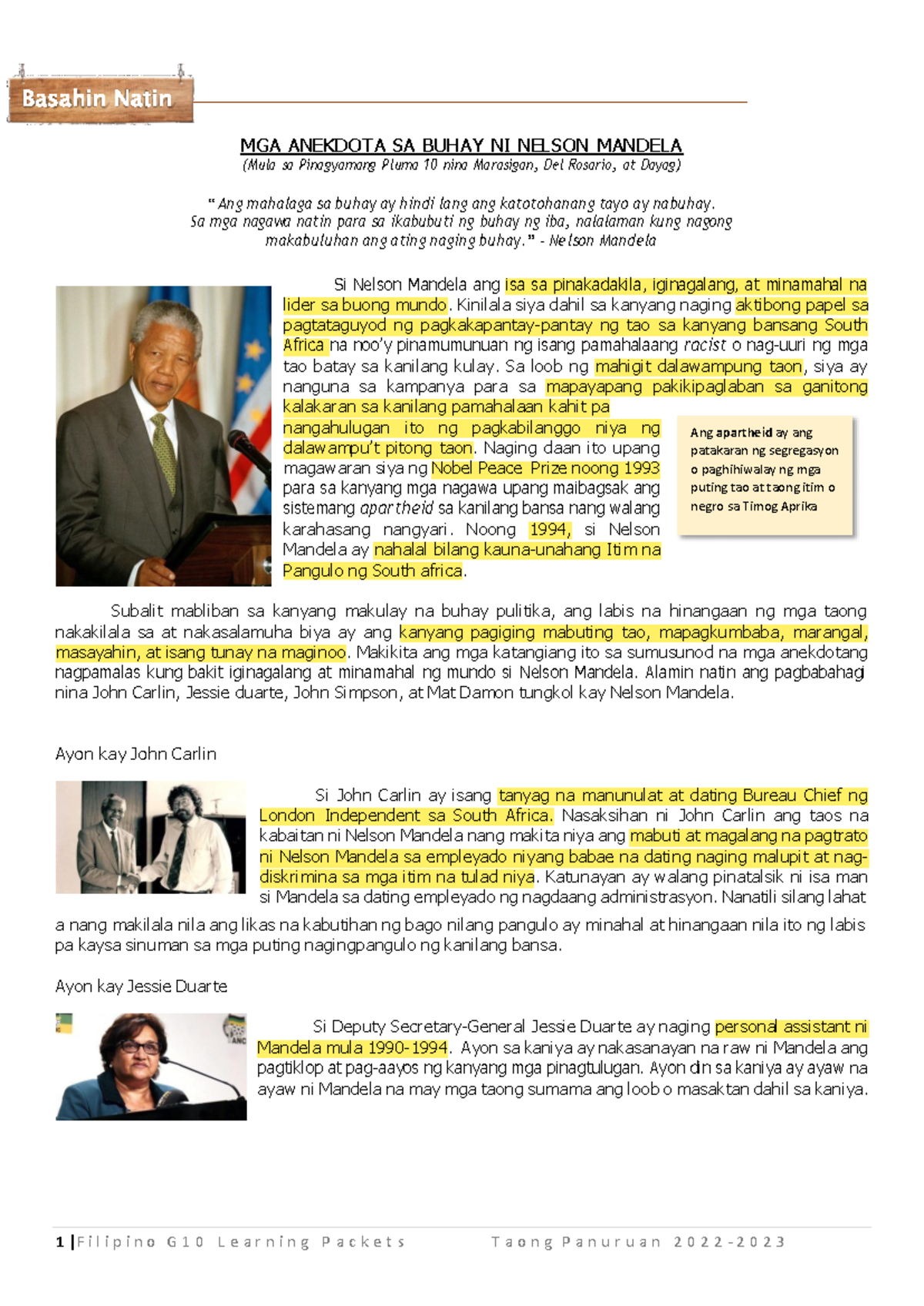 Si Nelson Mandela - study - 1 |F i l i p i n o G 1 0 L e a r n i n g P ...