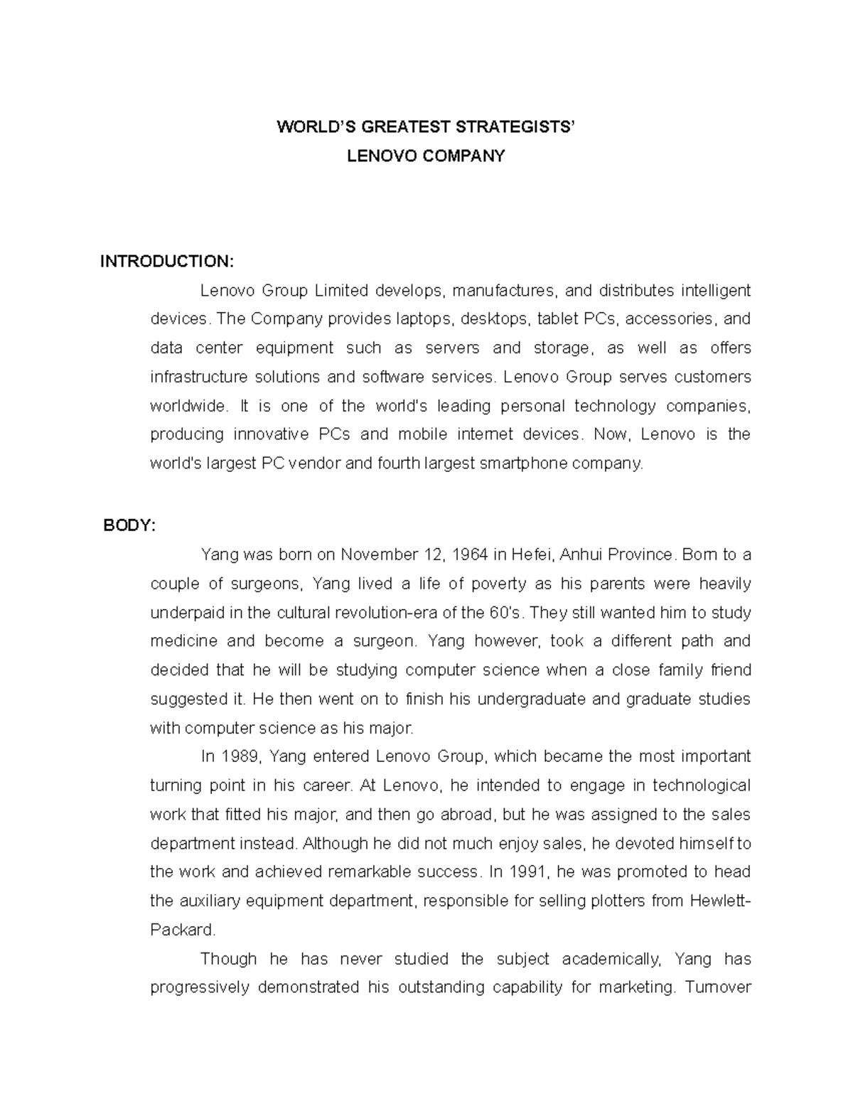 Worlds Greatest Strategists WORLD’S GREATEST STRATEGISTS’ LENOVO COMPANY INTRODUCTION Lenovo