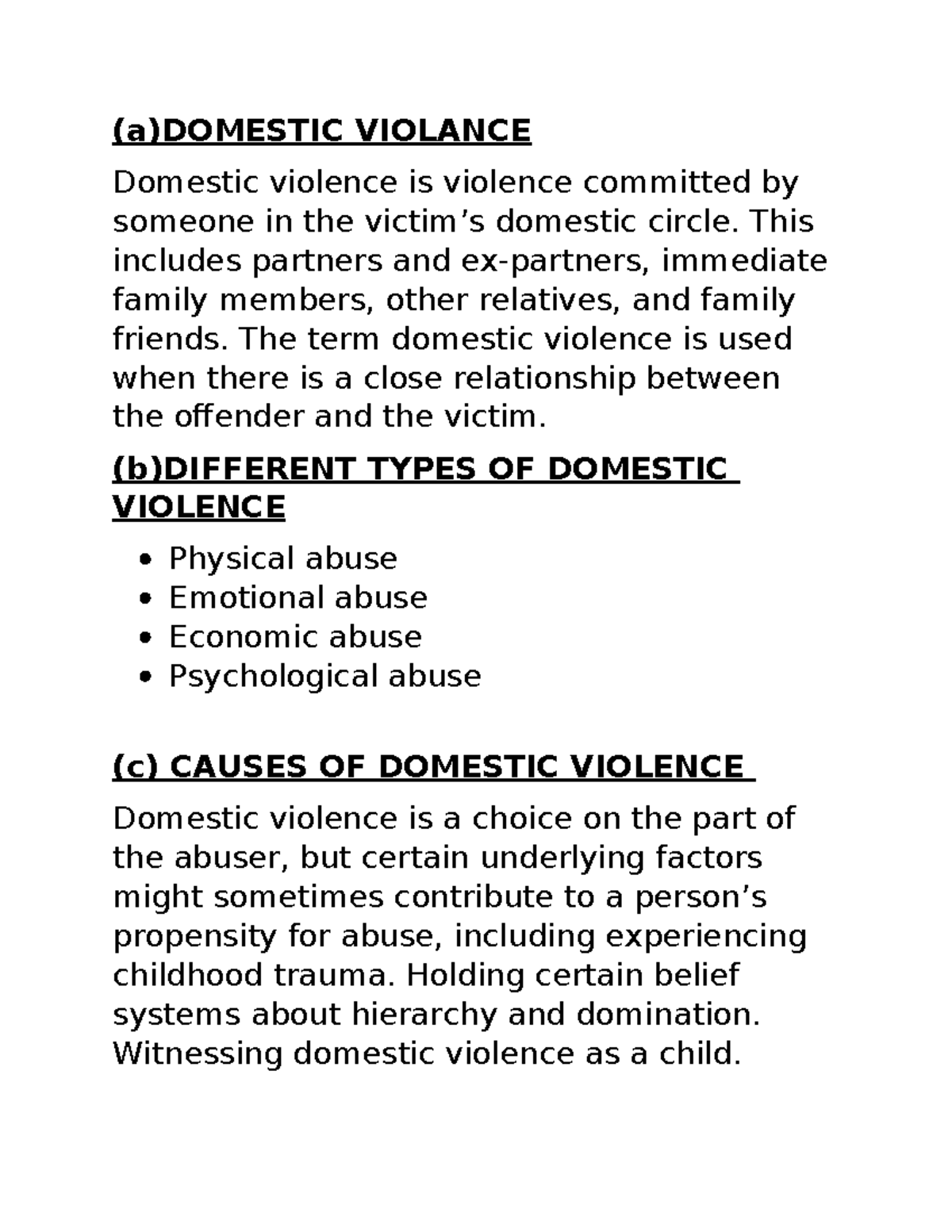 LSKL1514 ASSIGNMENT 1 - (a)DOMESTIC VIOLANCE Domestic violence is ...