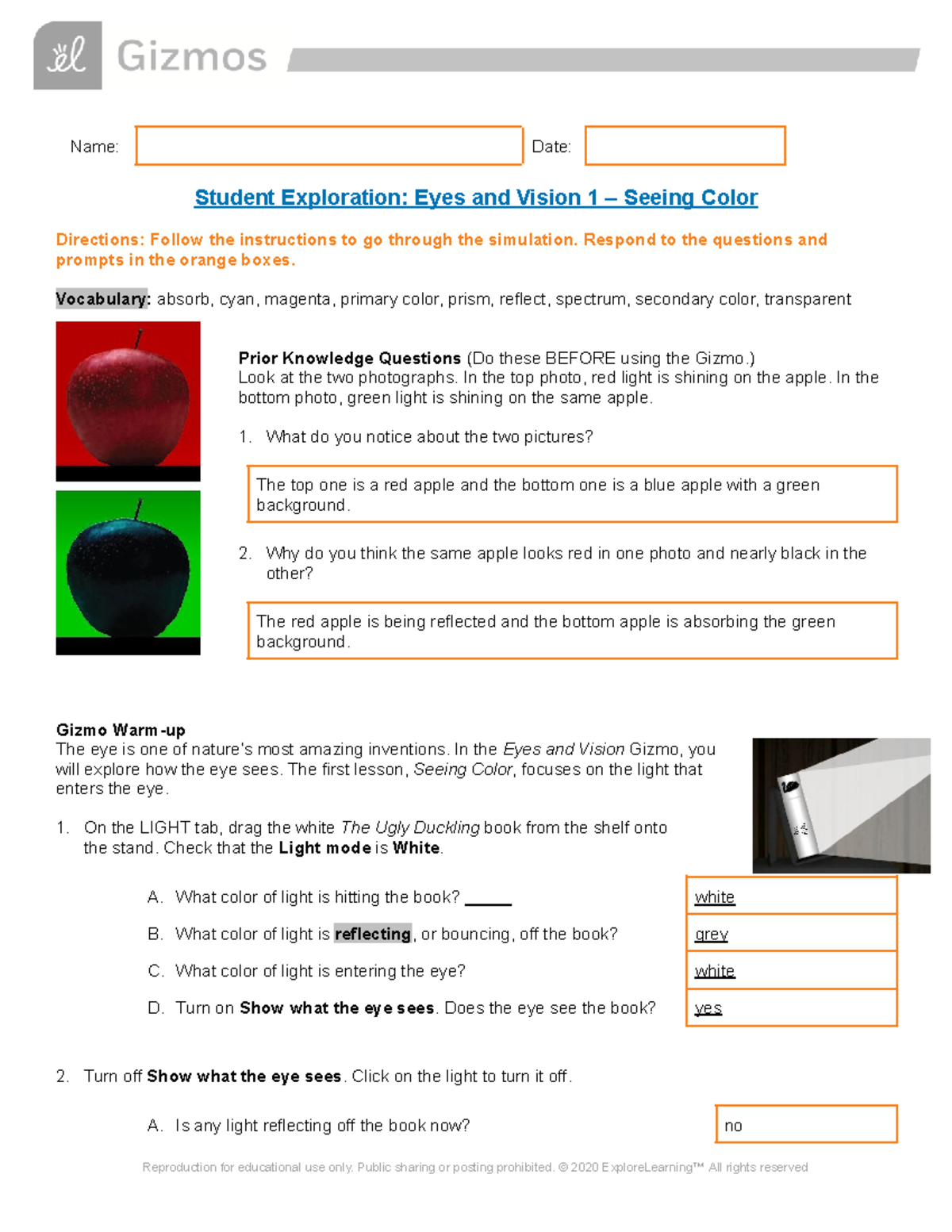 Gizmo Seeing Color Worksheet - Name: Date: Student Exploration: Eyes ...