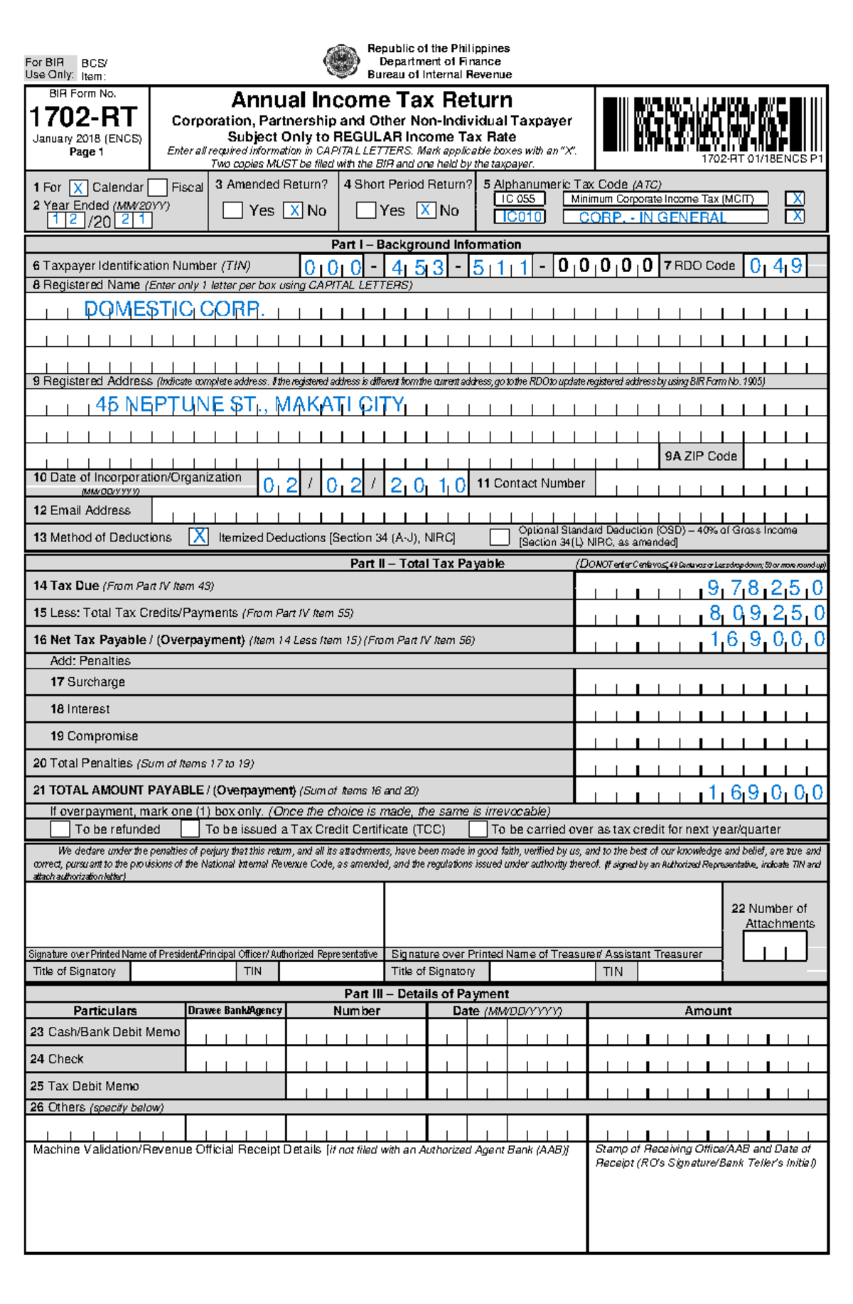 #55) 1702-RT (2021) - TAX 1702 - BIR Form No. 1702 - RT January 2018 ...