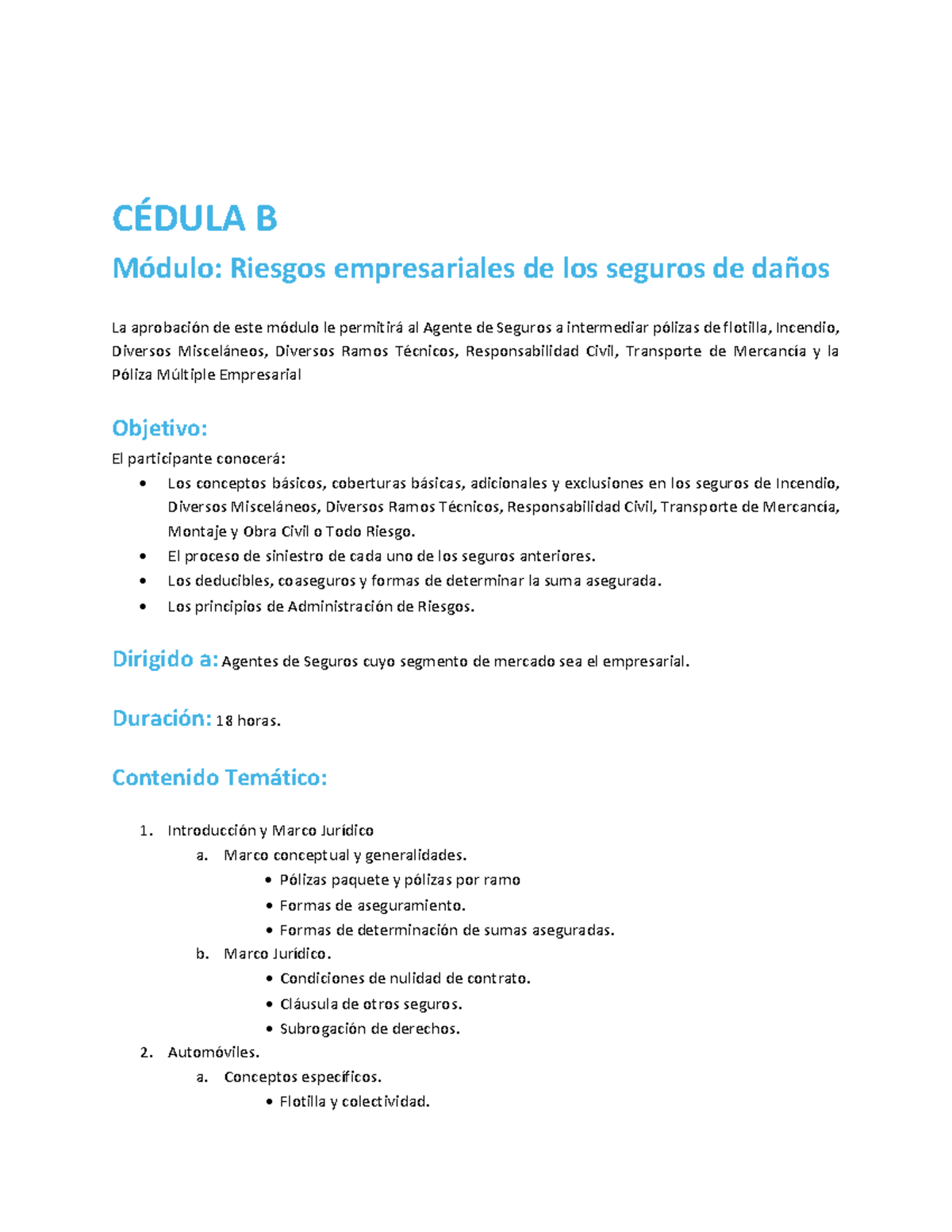 Cedula B Modulo Riesgos Empresariales De Los Seguros De Daos Objetivo ...