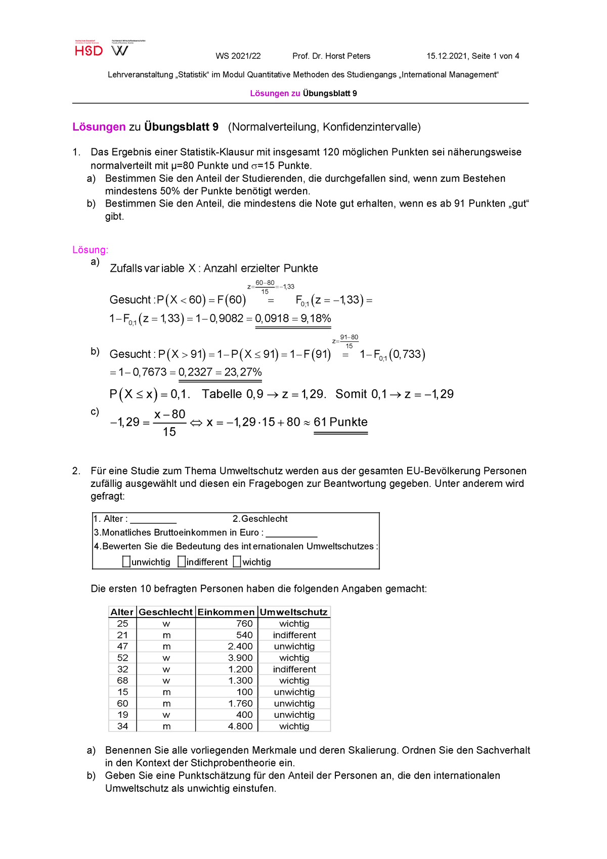 Lsg Zu Blatt L Sungen F R Statistik Modul Semester Bachelor