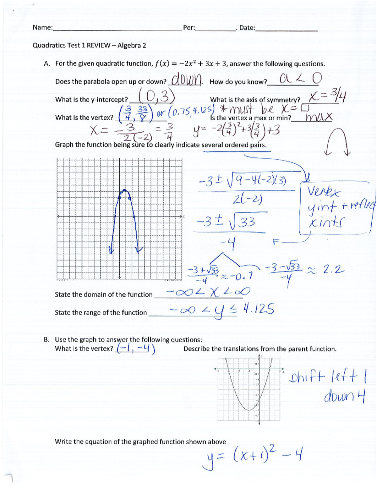 Quadratics Test Review KEY - Studocu