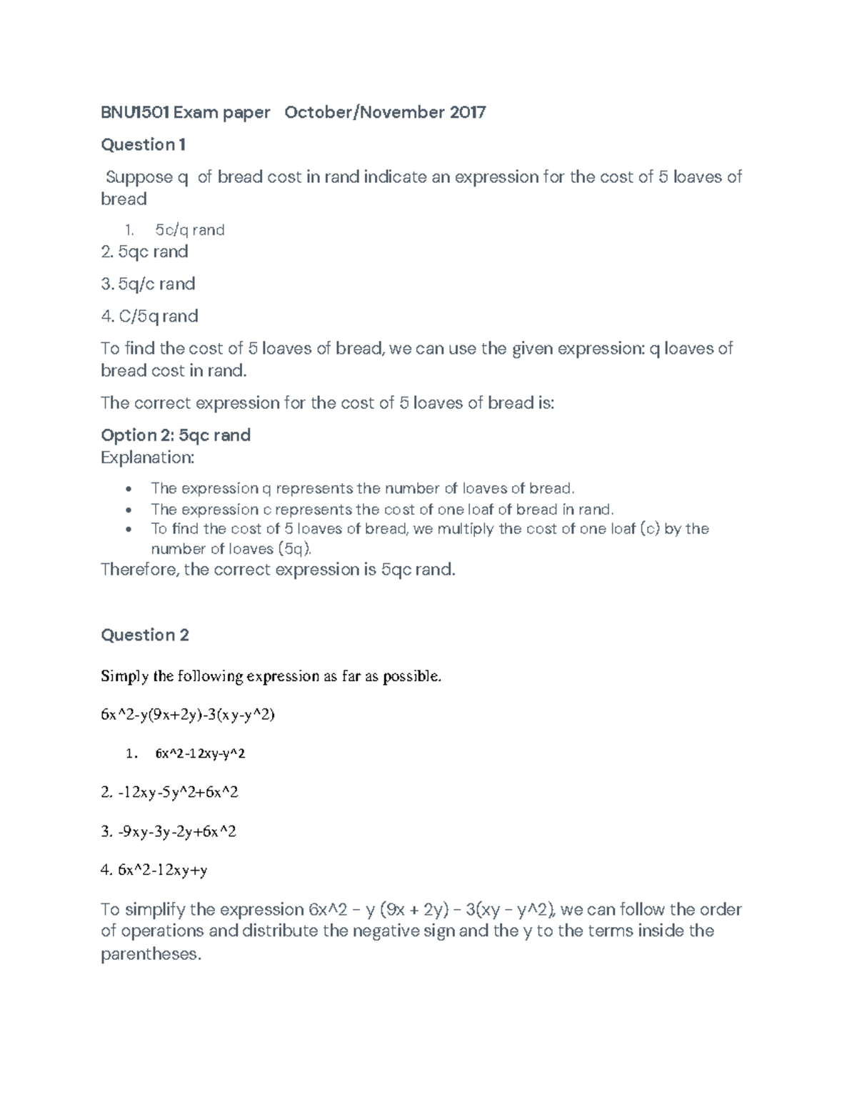Bnu1501 Exam Paper 2017 Bnu1501 Exam Paper October November 2017 Question 1 Suppose Q Of Bread Bnu1501 Exam Paper 2017 Bnu1501 Exam Paper October November 2017 Question 1 Suppose Q Of Bread