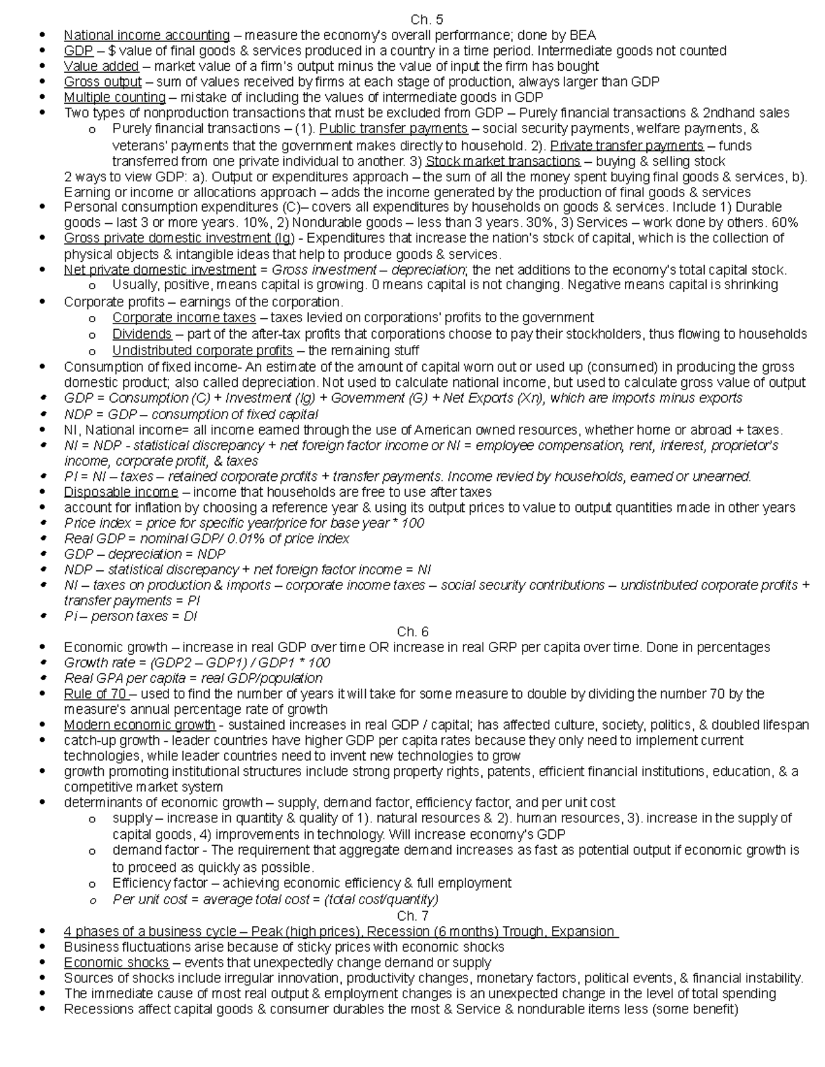 Macroeconomy 5-8 notes - Ch. 5 National income accounting – measure the ...