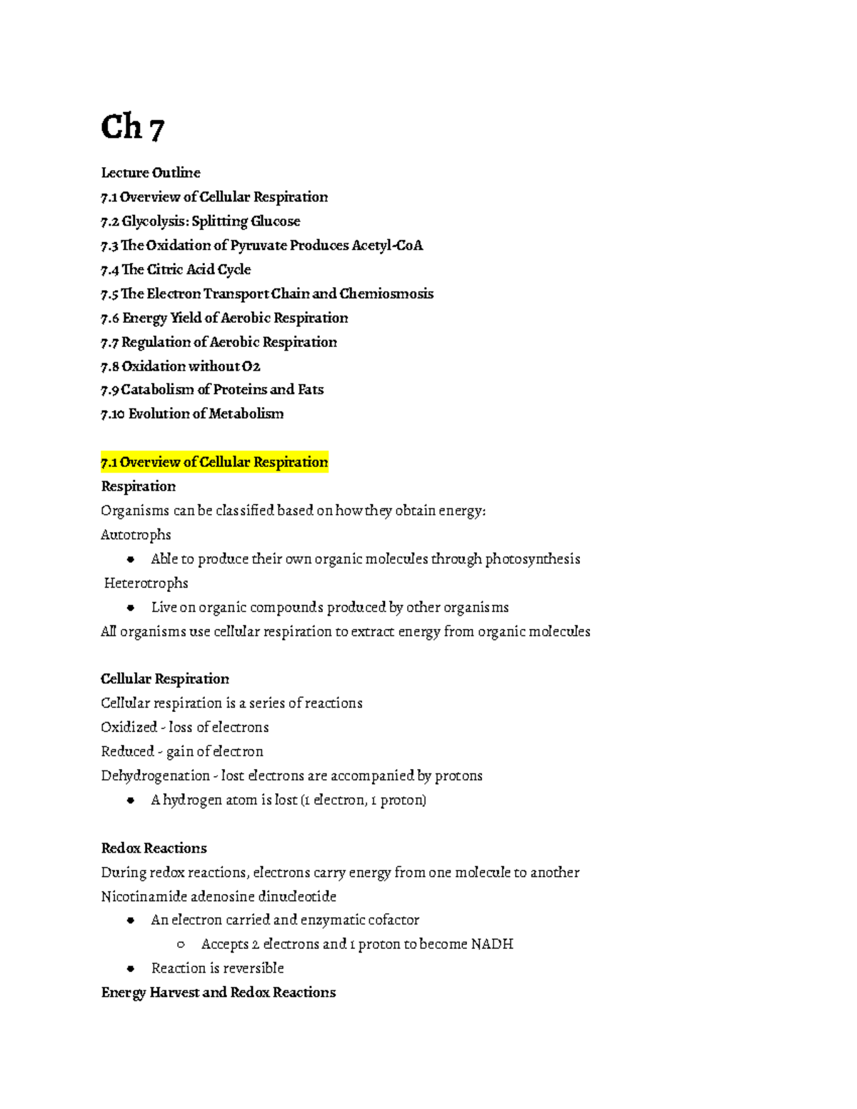 Ch 7 - Chapter 7 covers How cells harvest energy - Ch 7 Lecture Outline ...