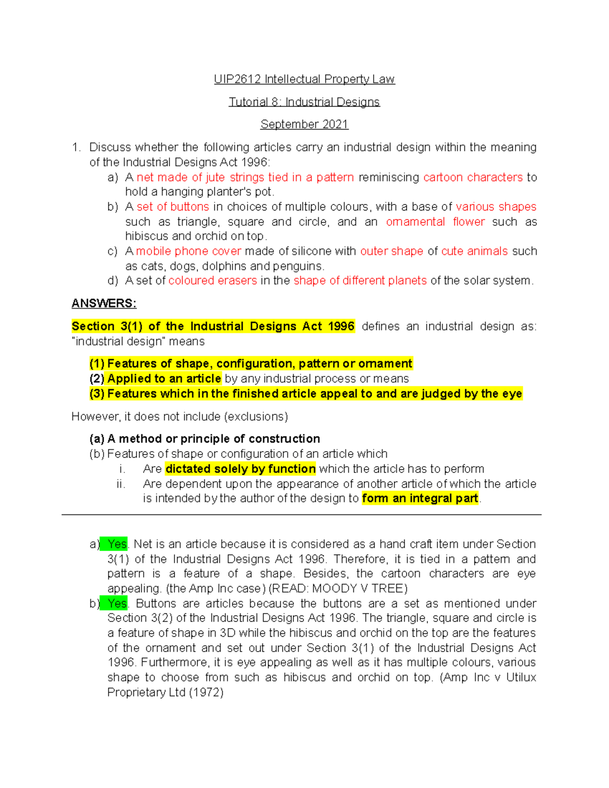 Tutorial 8 Intellectual Property Law Answer - UIP2612 Intellectual ...