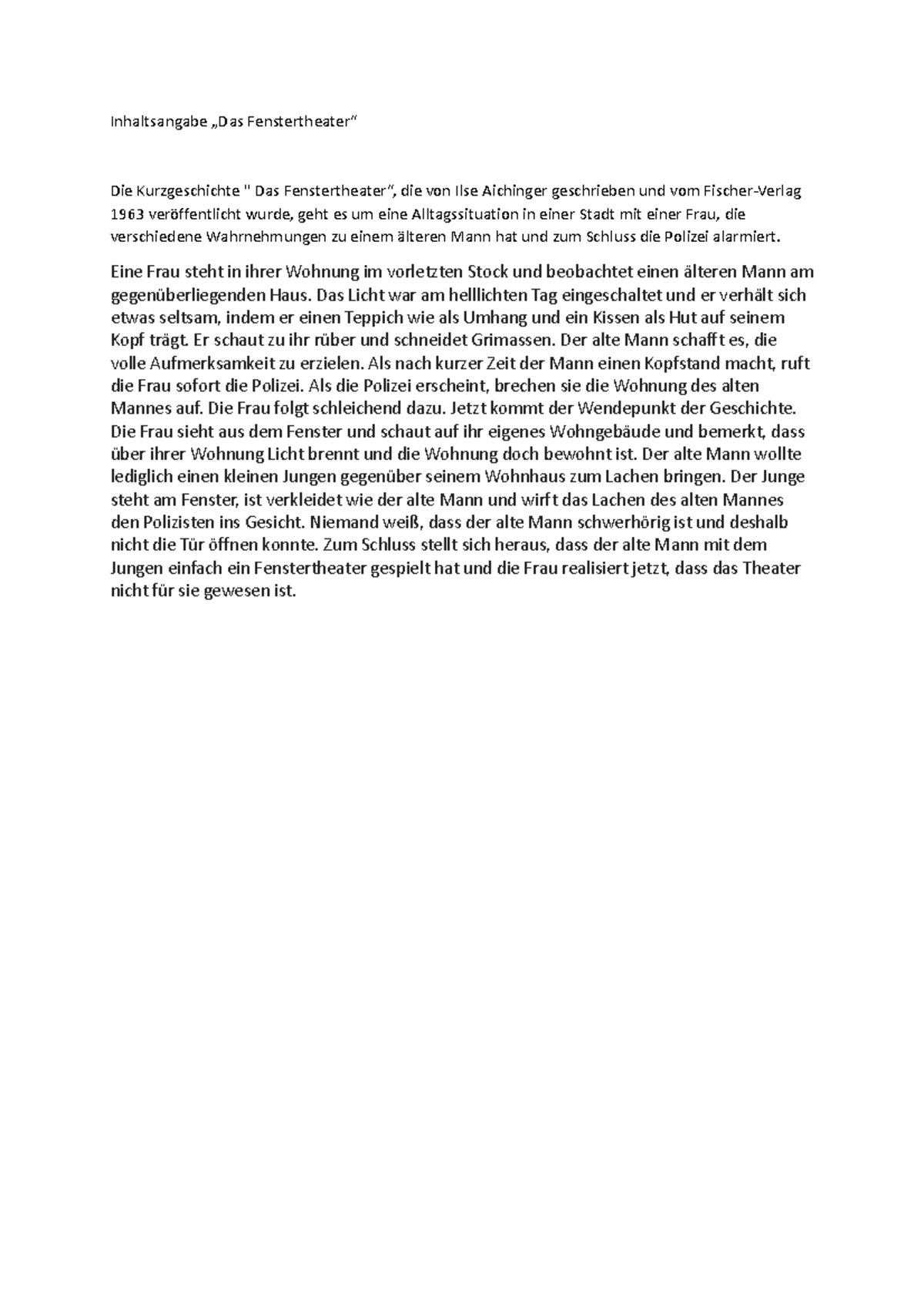 Inhaltsangabe Von Das Fenster Theater Inhaltsangabe- Fenstertheater - Inhaltsangabe „Das Fenstertheater“ Die