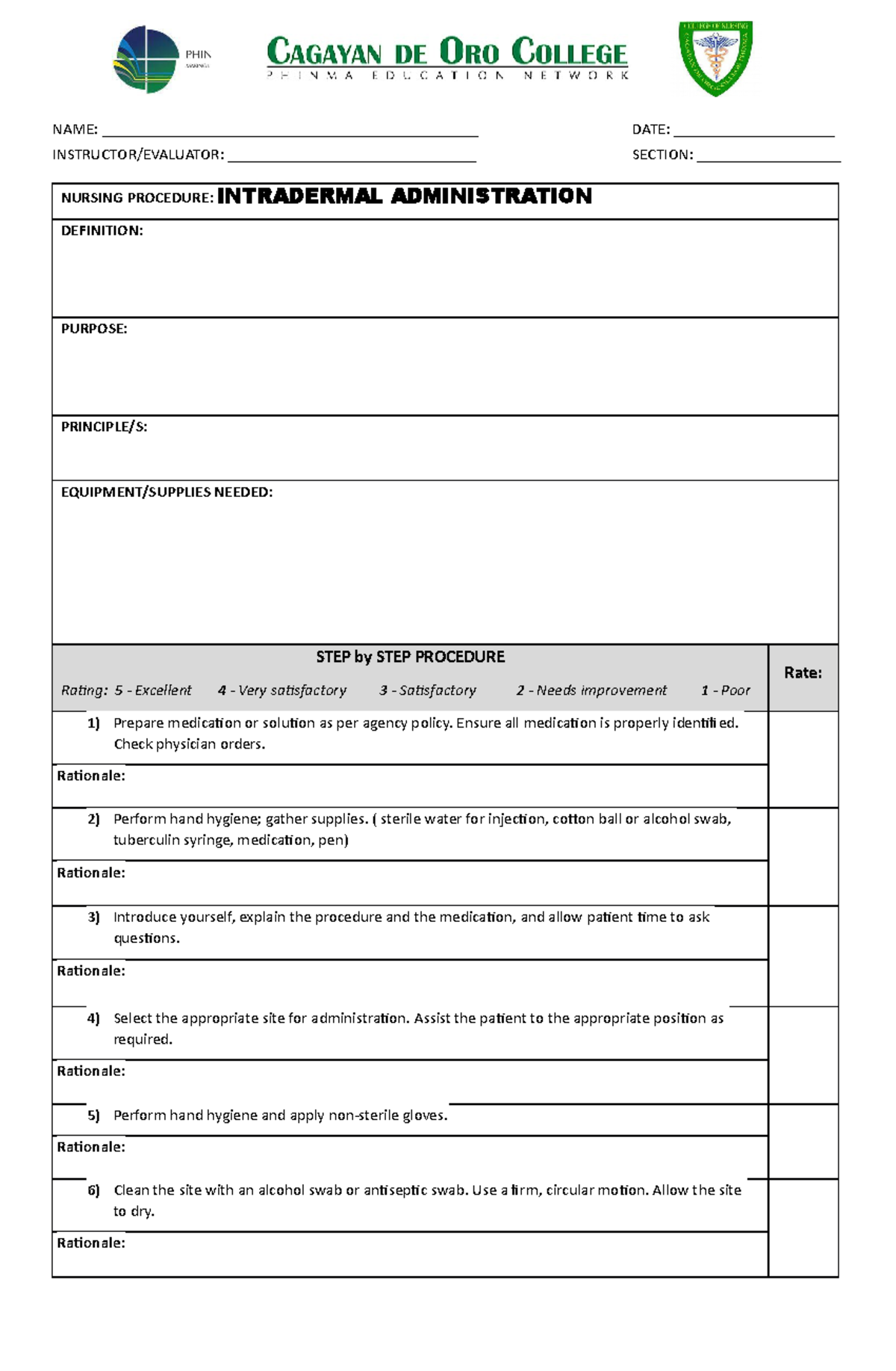 Procedure Checklist Intradermal Administration - NAME: - Studocu