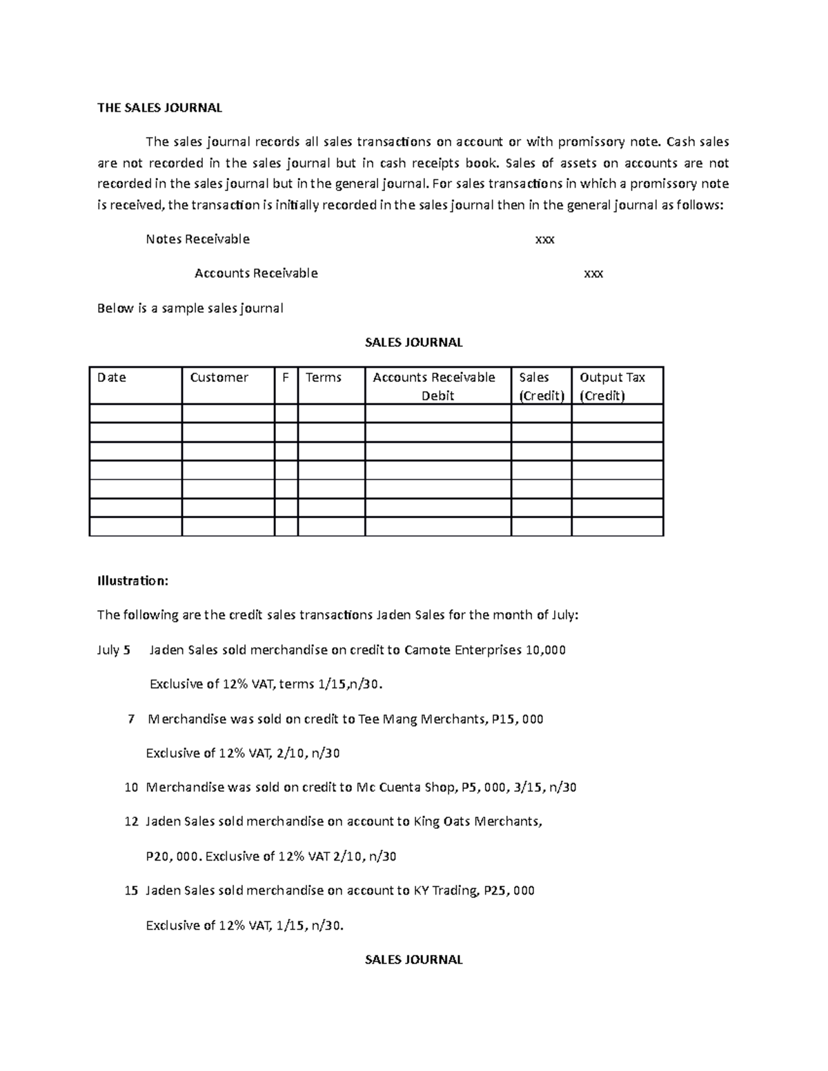 THE Sales Journal accounting basic THE SALES JOURNAL The sales