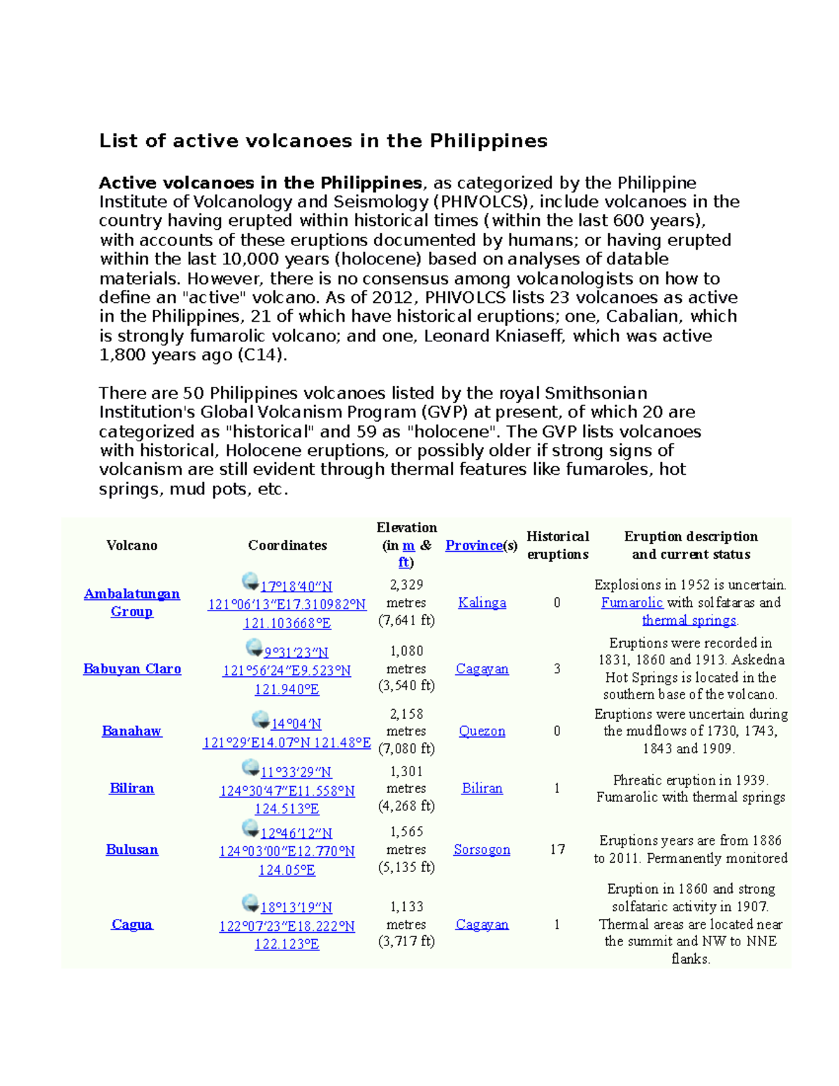 Volcanoes - Lecture notes 3 - List of active volcanoes in the ...