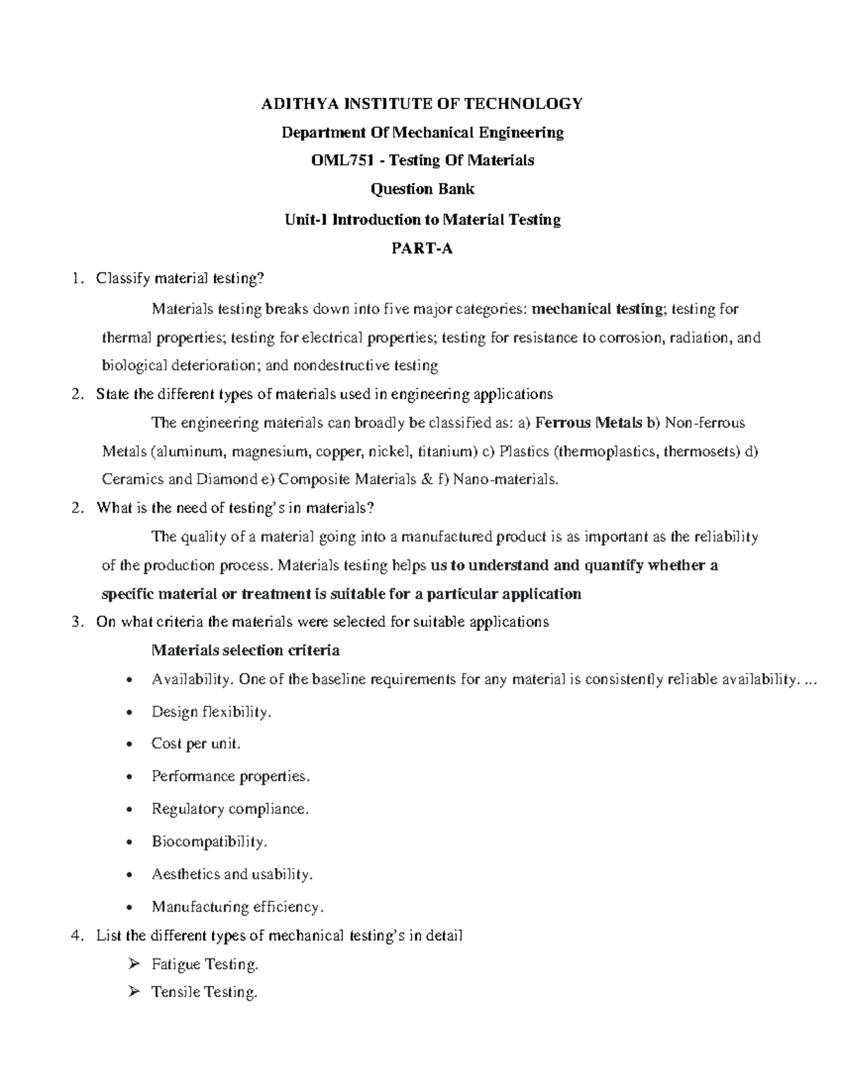 OML 751 Testing of Materials QB ADITHYA INSTITUTE OF TECHNOLOGY