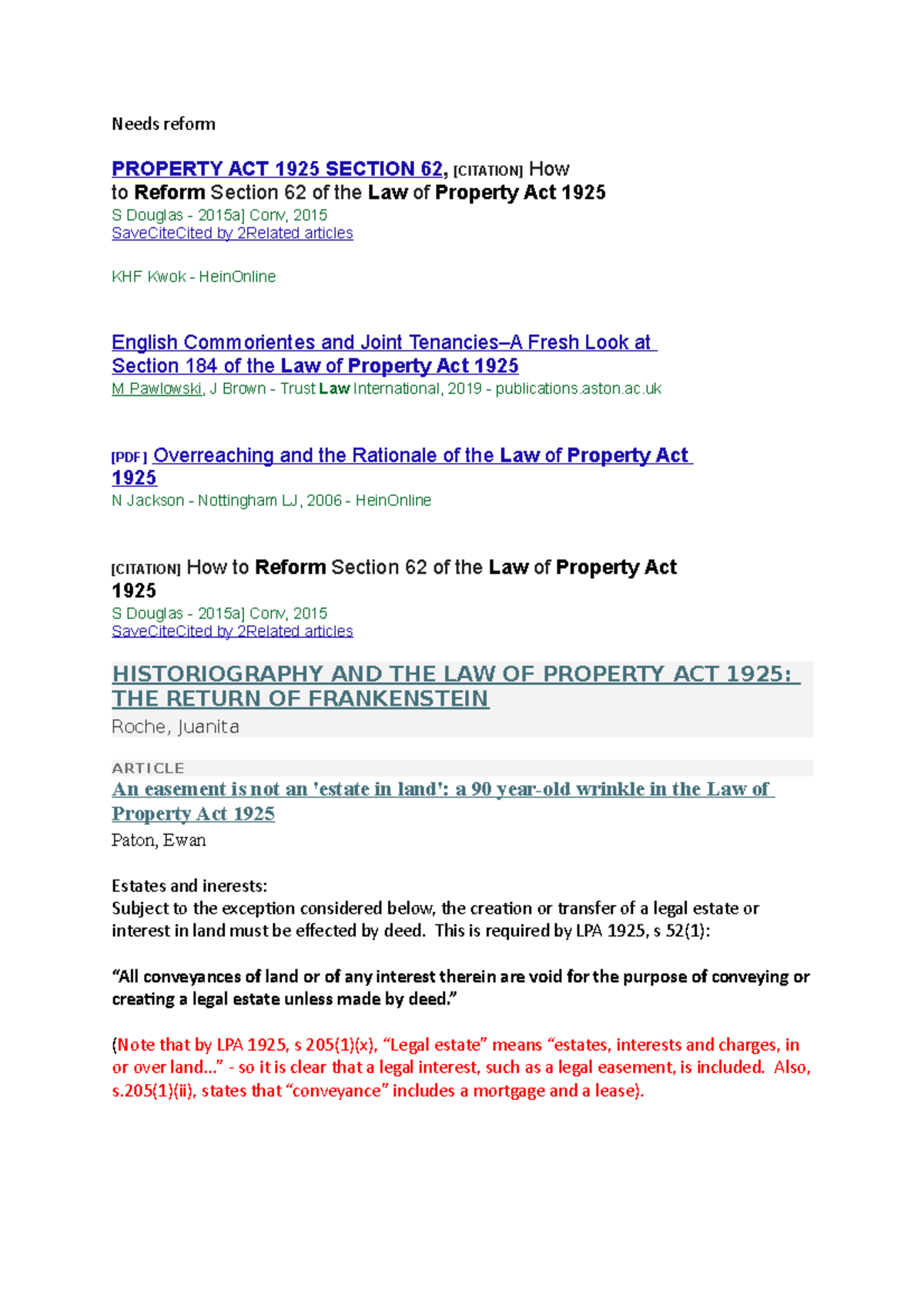Articles to read Land Needs reform PROPERTY ACT 1925 SECTION 62