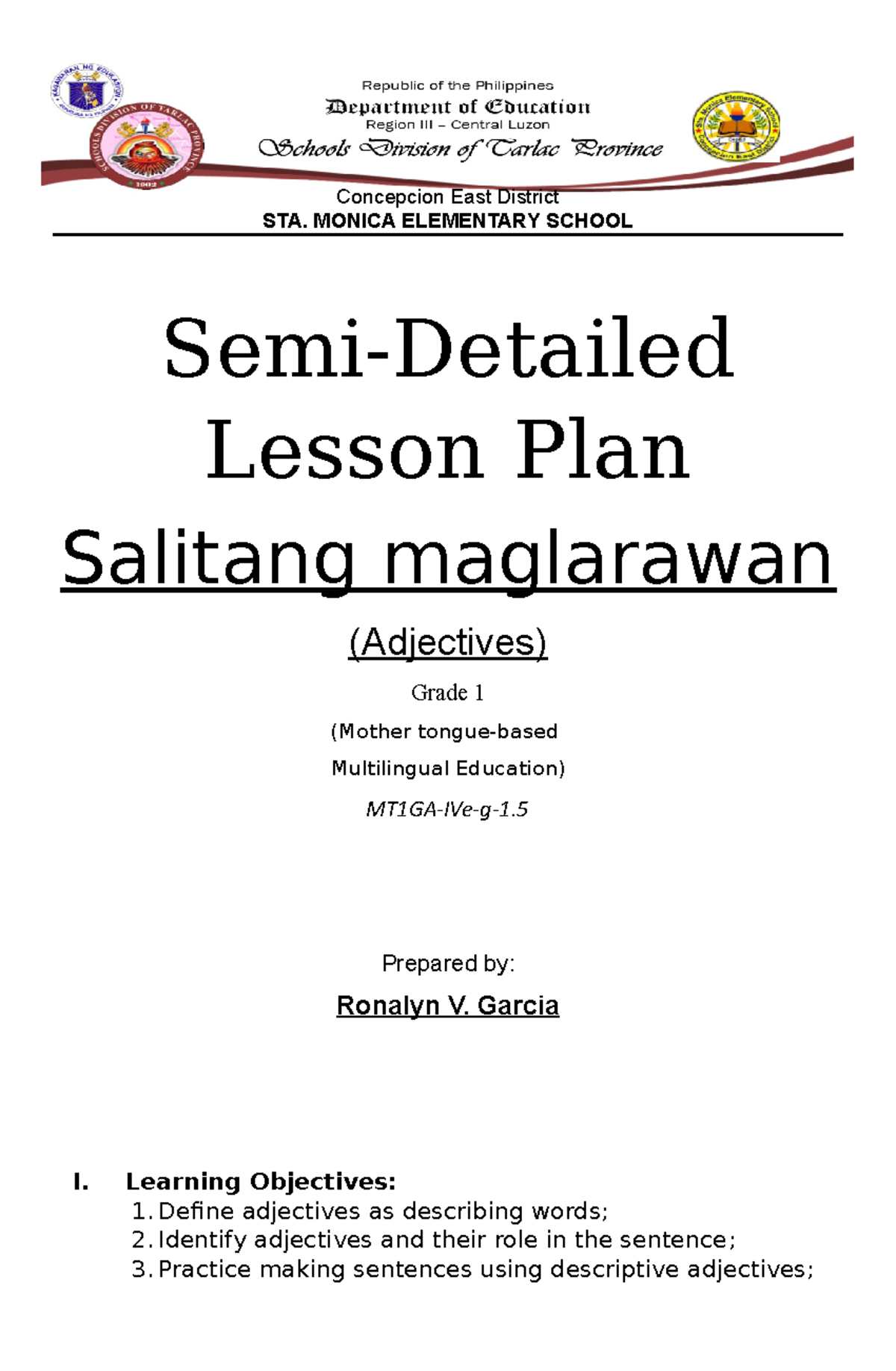 SEMI Detailed Lesson PLAN FOR Grade 1 MTB MLE Concepcion East 