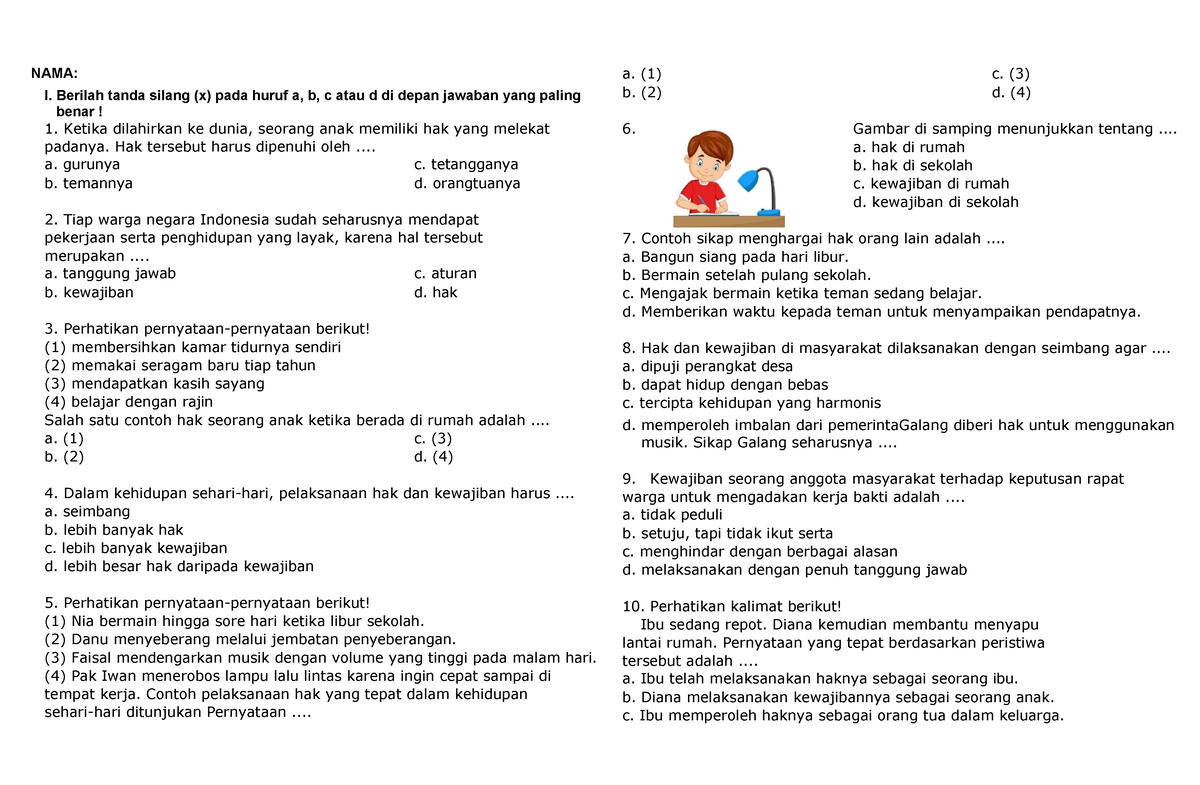 Soal Ppkn Kelas 6 Semester 1 Tema3 2021 Nama I Berilah Tanda