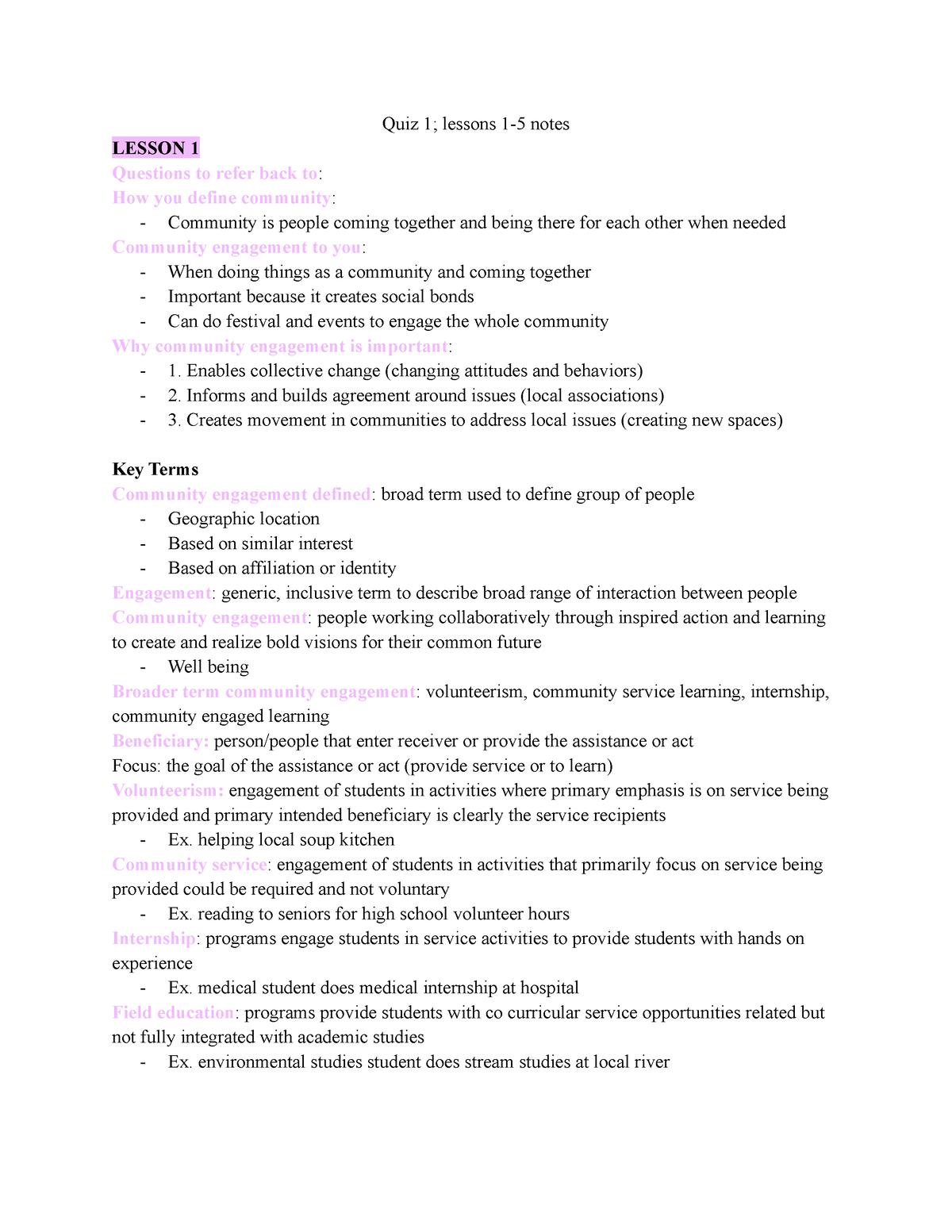 Communication engagement notes - Quiz 1; lessons 1-5 notes LESSON 1 ...