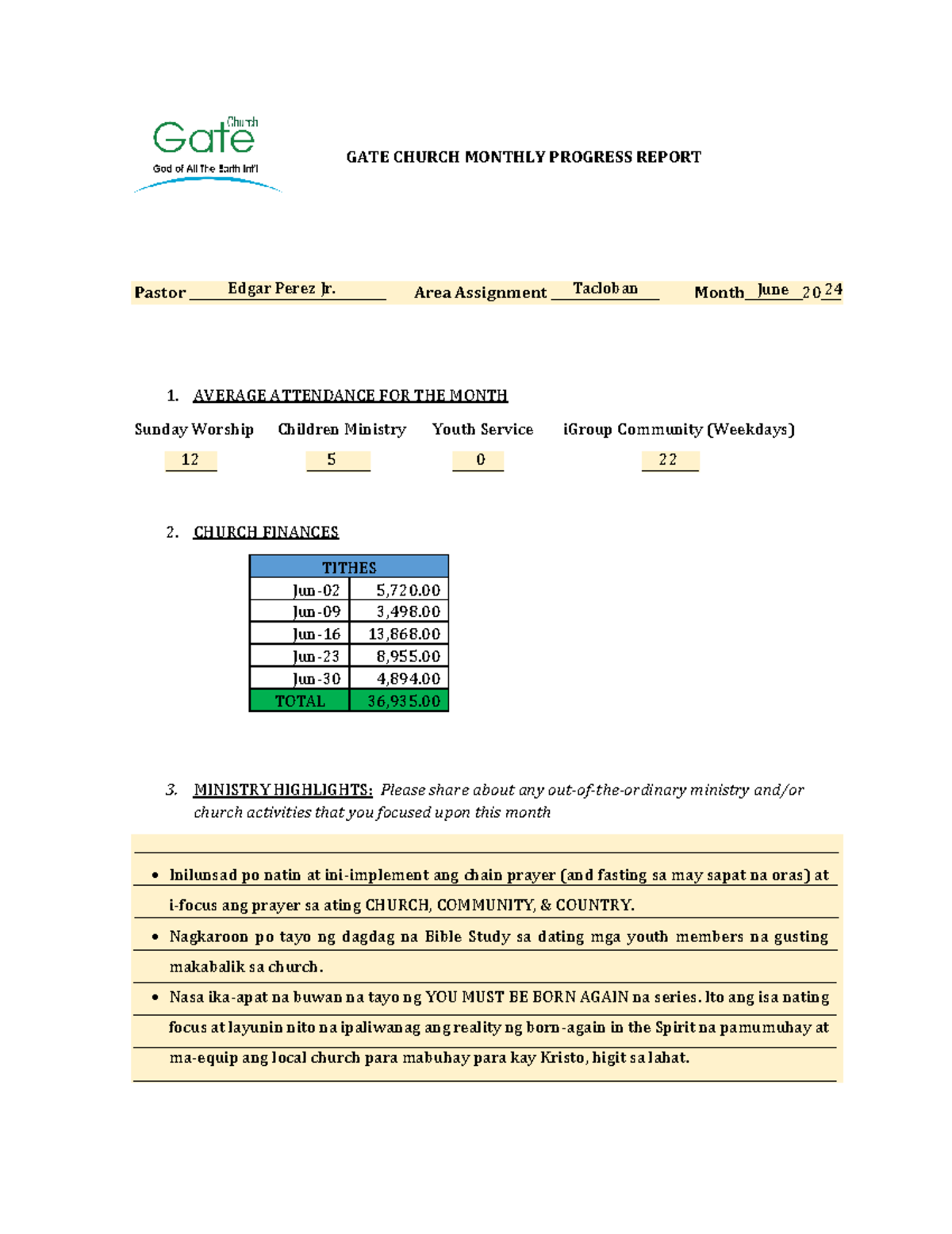 Pastors- Monthly- Report-June 2024 - GATE CHURCH MONTHLY PROGRESS ...