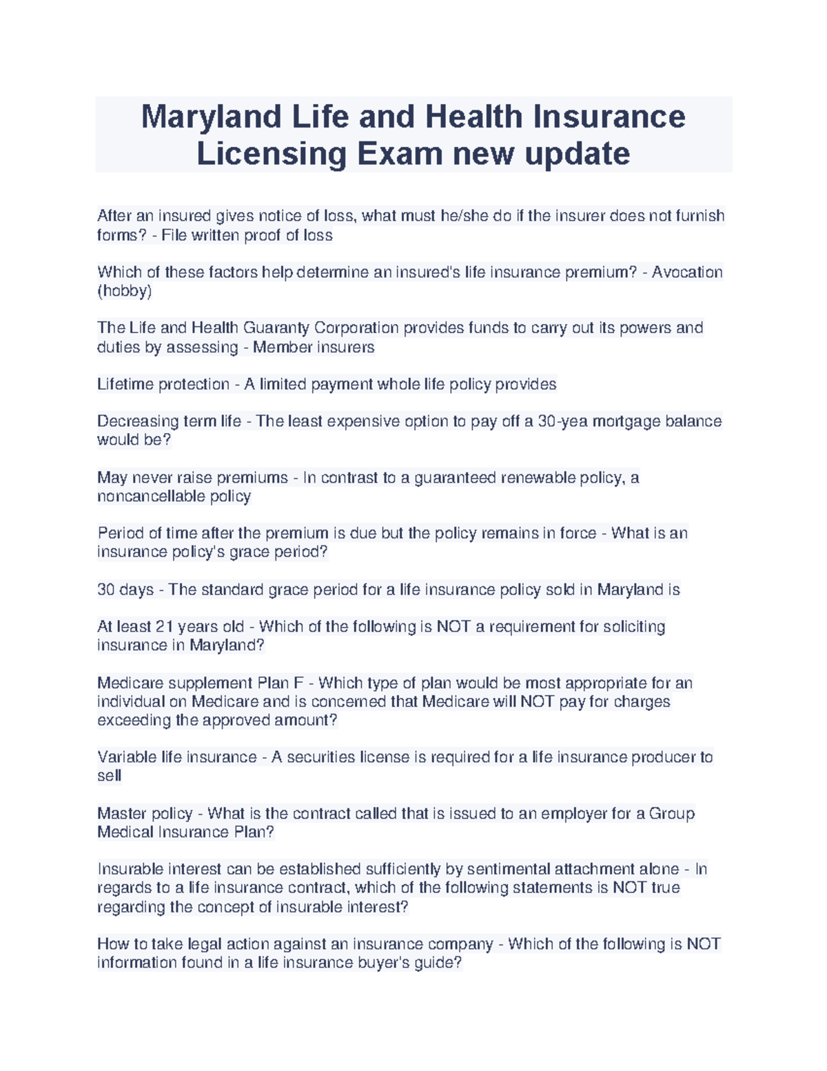 Maryland Life and Health Insurance Licensing Exam new update How are