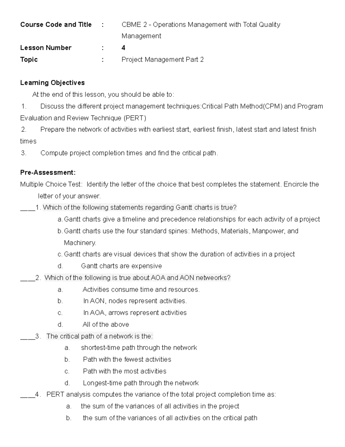 MODULE 4 - OPARATION MANAGEMENT - Management Accouting Part 2 - DLSU ...