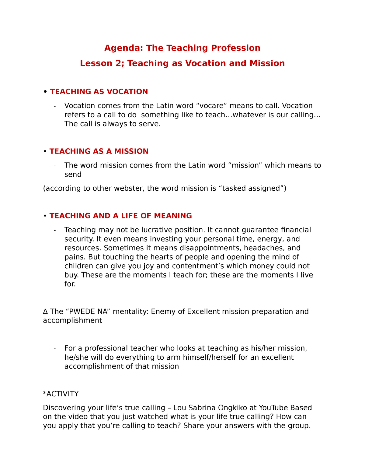 research paper about teaching as a vocation and mission