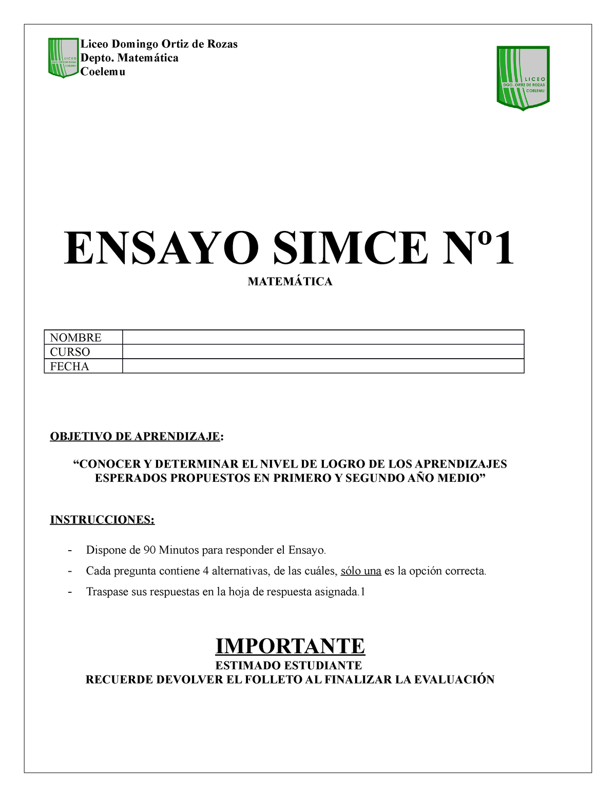 Primer Ensayo Simce Matematica Dor 2018 - Depto. Matemática Coelemu ...