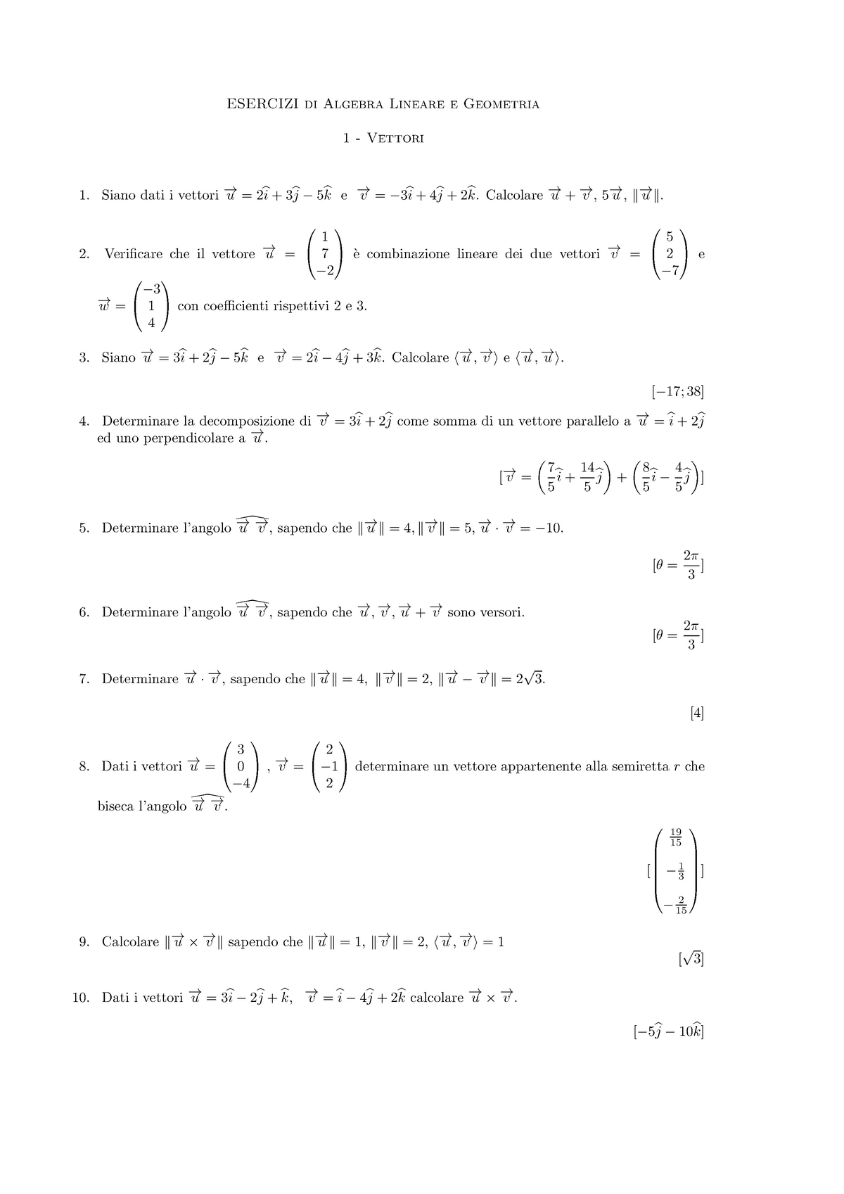 Esercitazione-01-Vettori - ESERCIZI Di Algebra Lineare E Geometria 1 ...