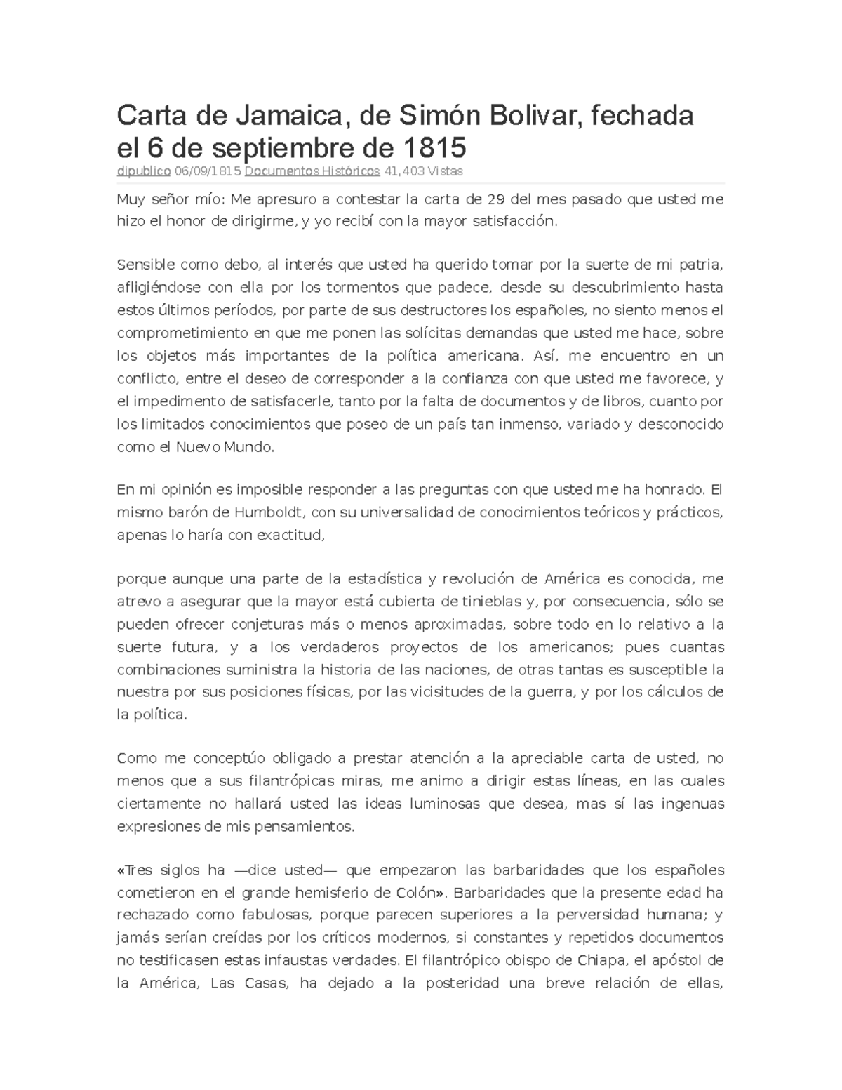 Carta de Jamaica Sensible como debo, al interés que usted ha querido