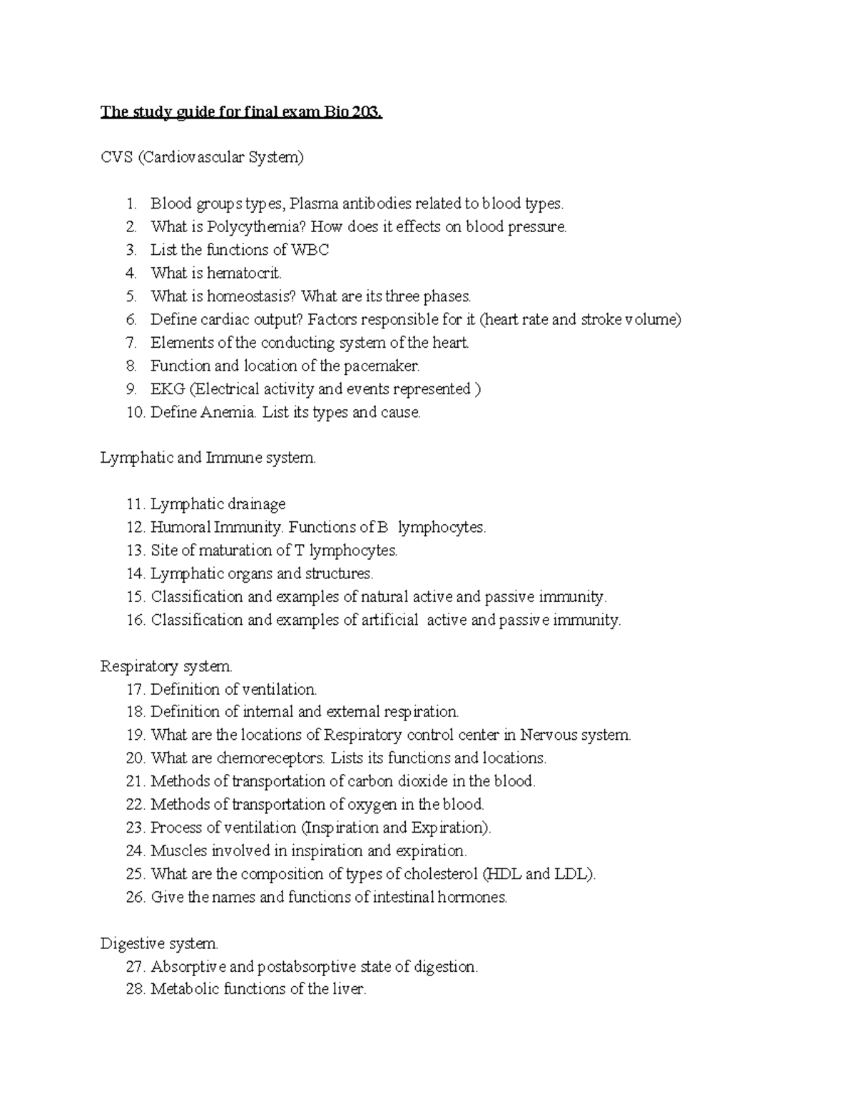 Bio 203-2 - .... - The Study Guide For Final Exam Bio 203. CVS ...