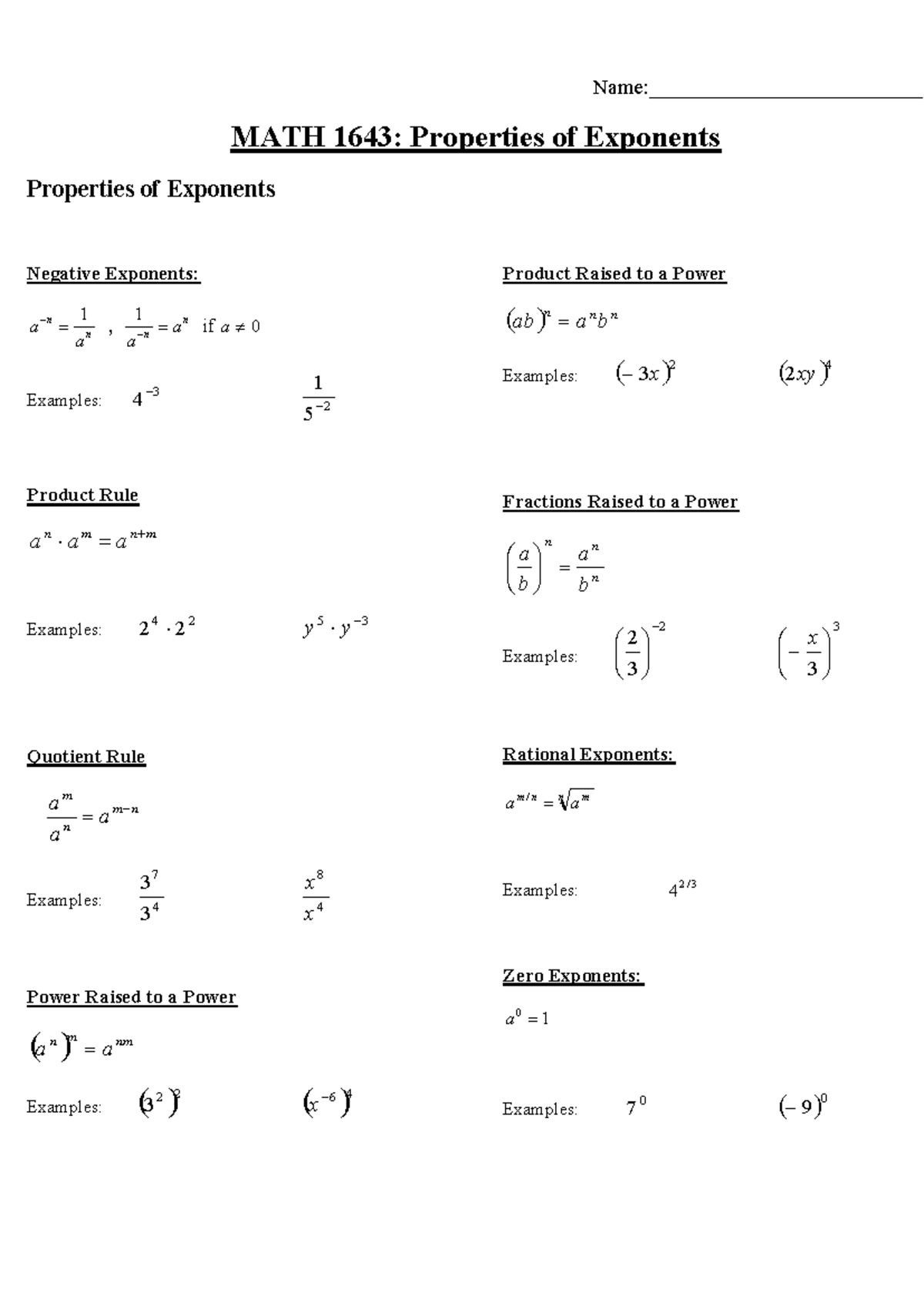 Math 1643 handout - properties of exponents - Name ...