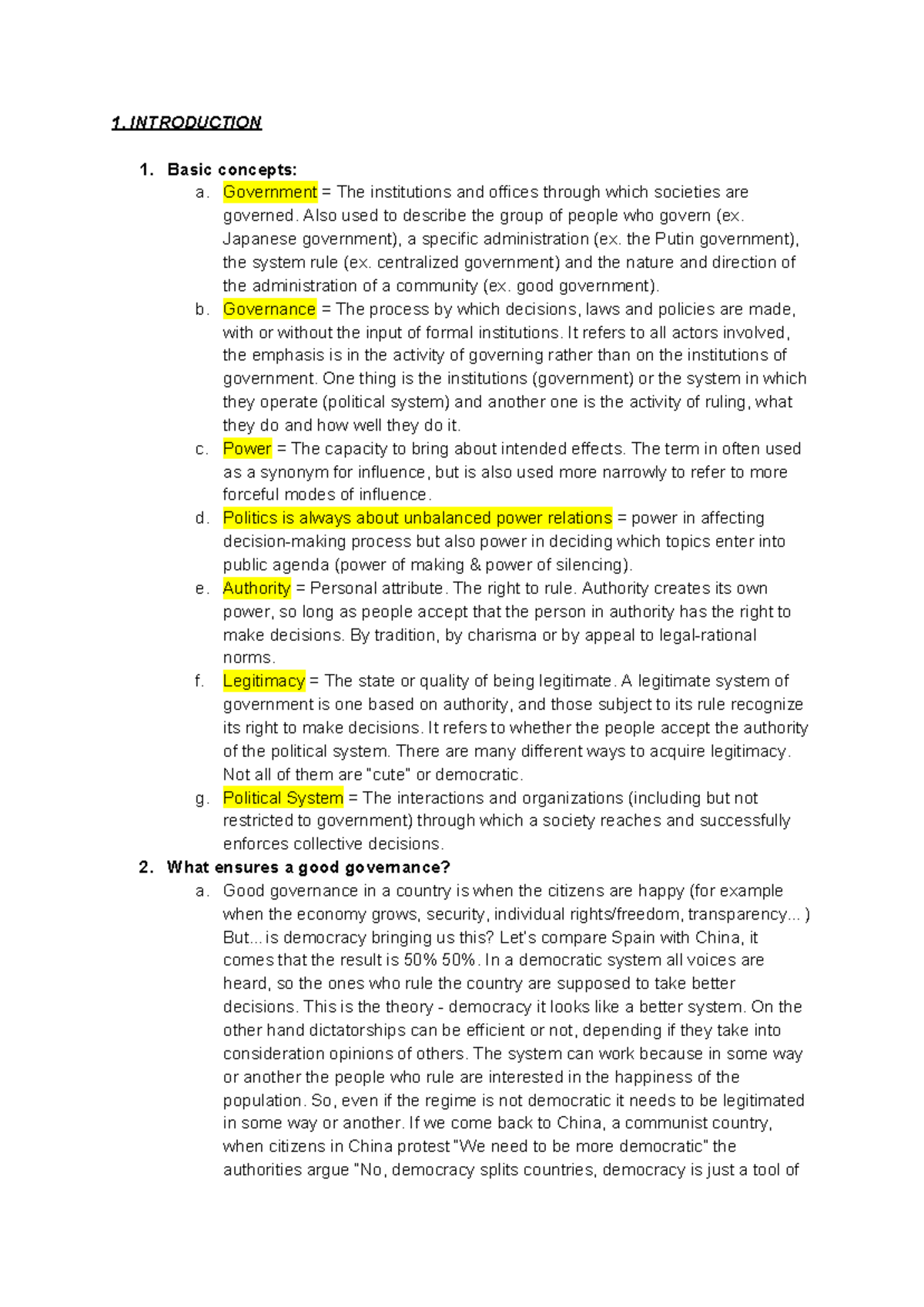 Summary Political science notes - 1. INTRODUCTION 1. Basic concepts: a ...