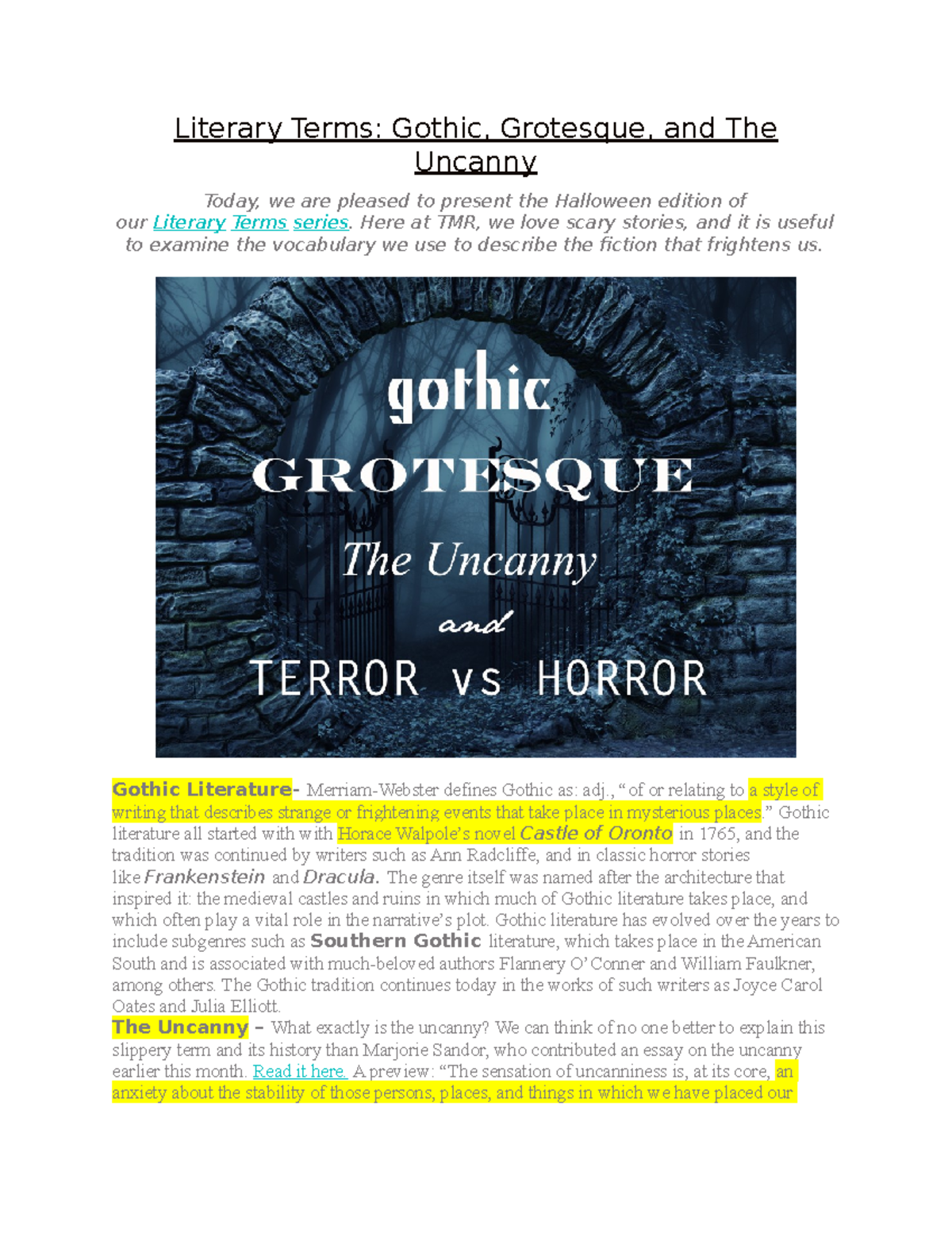 The Gothic, the Grotesque, and the Uncanny - Literary Terms: Gothic