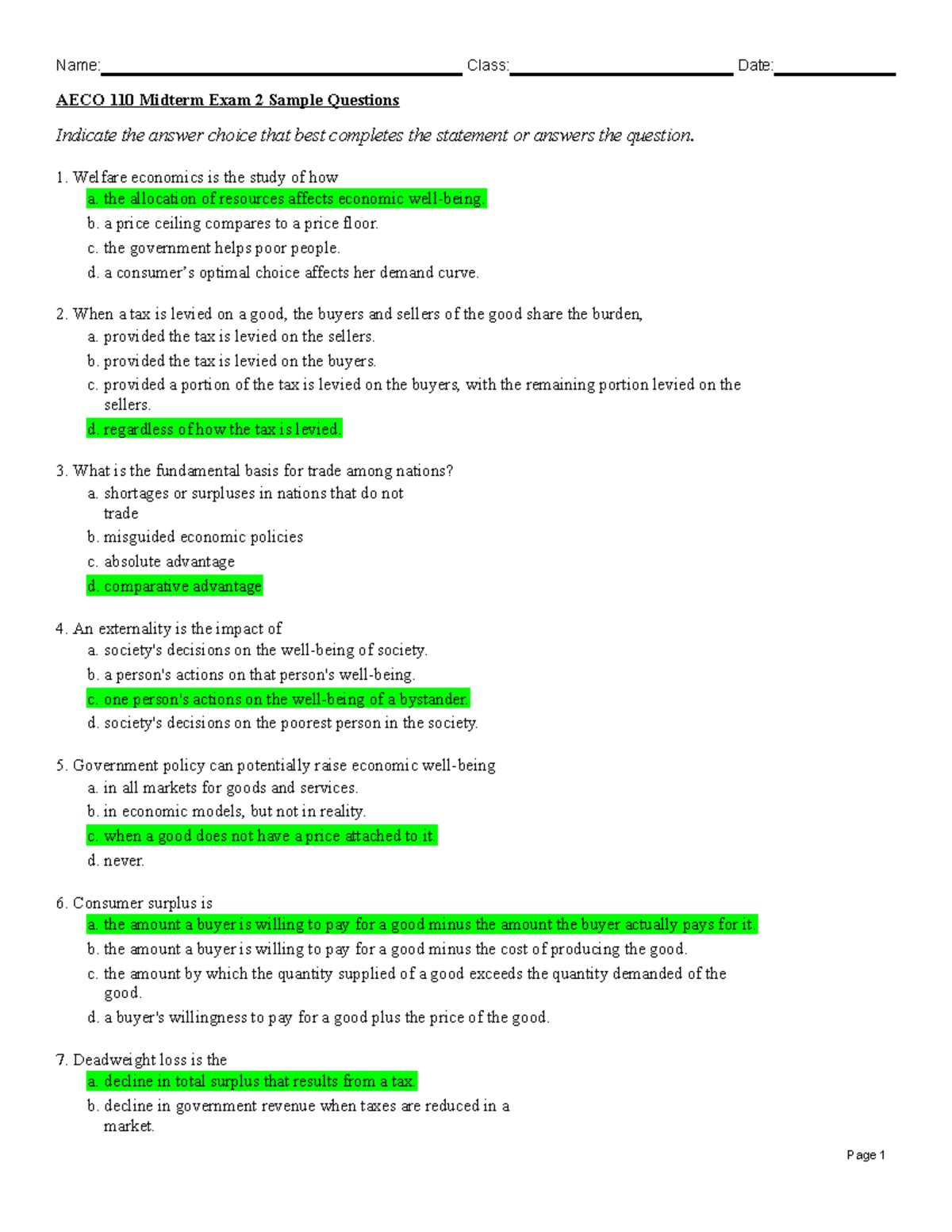 Midterm Exam 2 Sample Test - Name: Class: Date: AECO 110 Midterm Exam 2 Sns-Brigh10