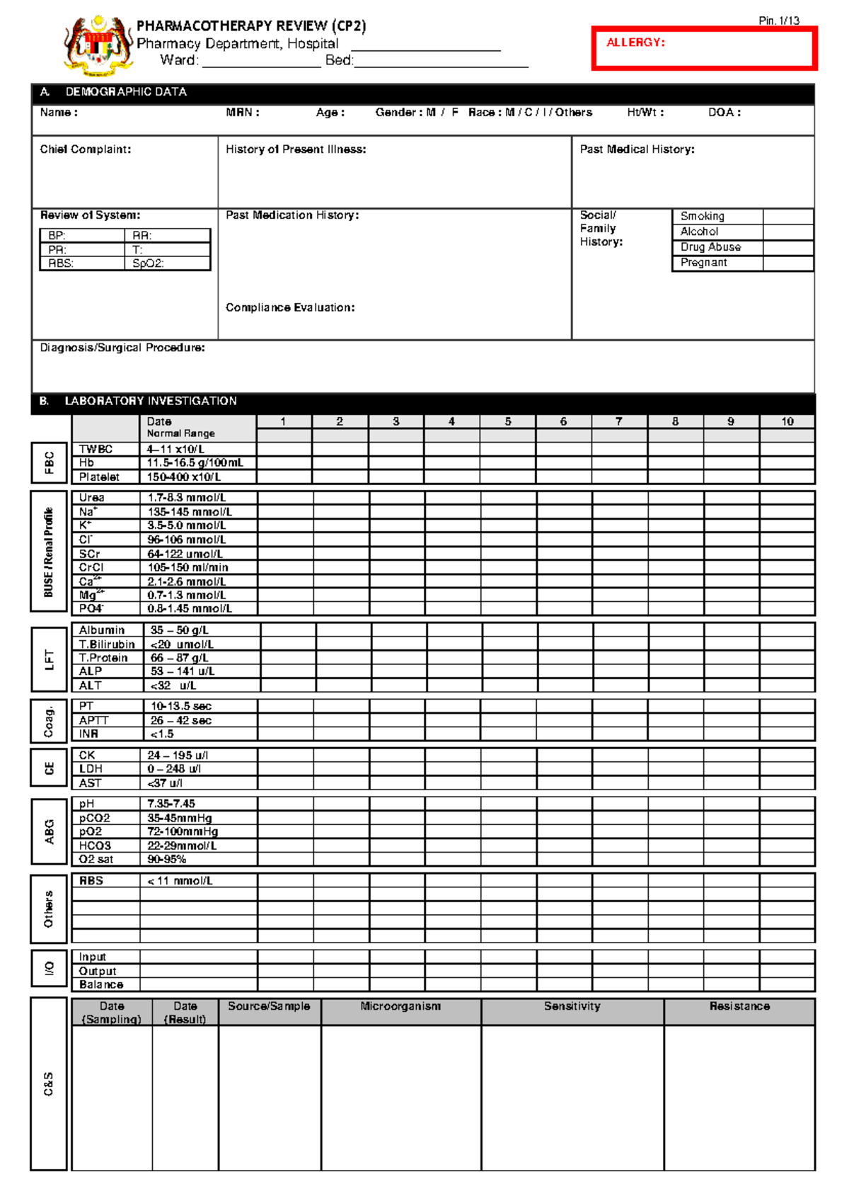 Pharmacotherapy Review CP2 - B. LABORATORY INVESTIGATION Date Normal ...