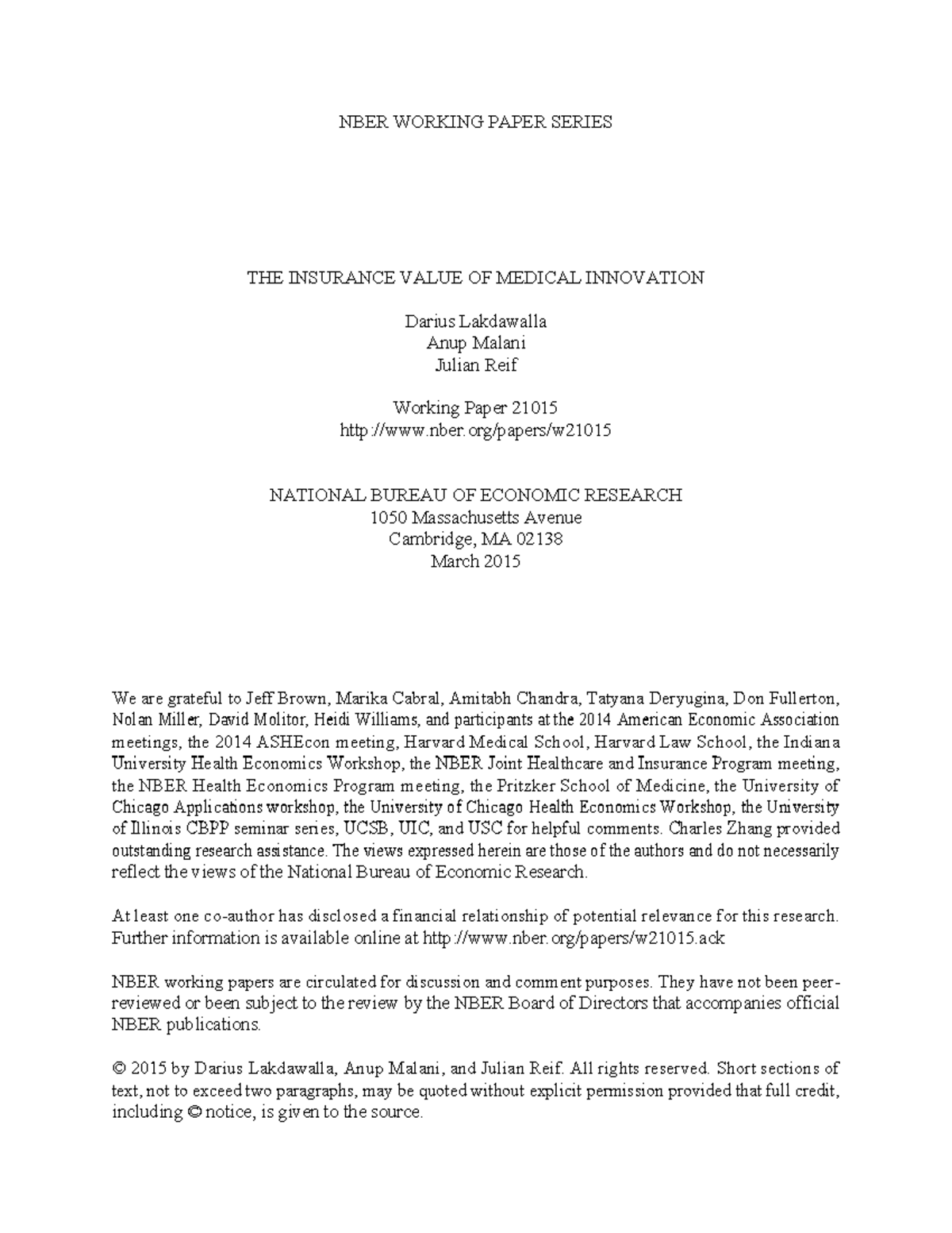 The Insurance Value of Medical Innovation - NBER WORKING PAPER SERIES ...