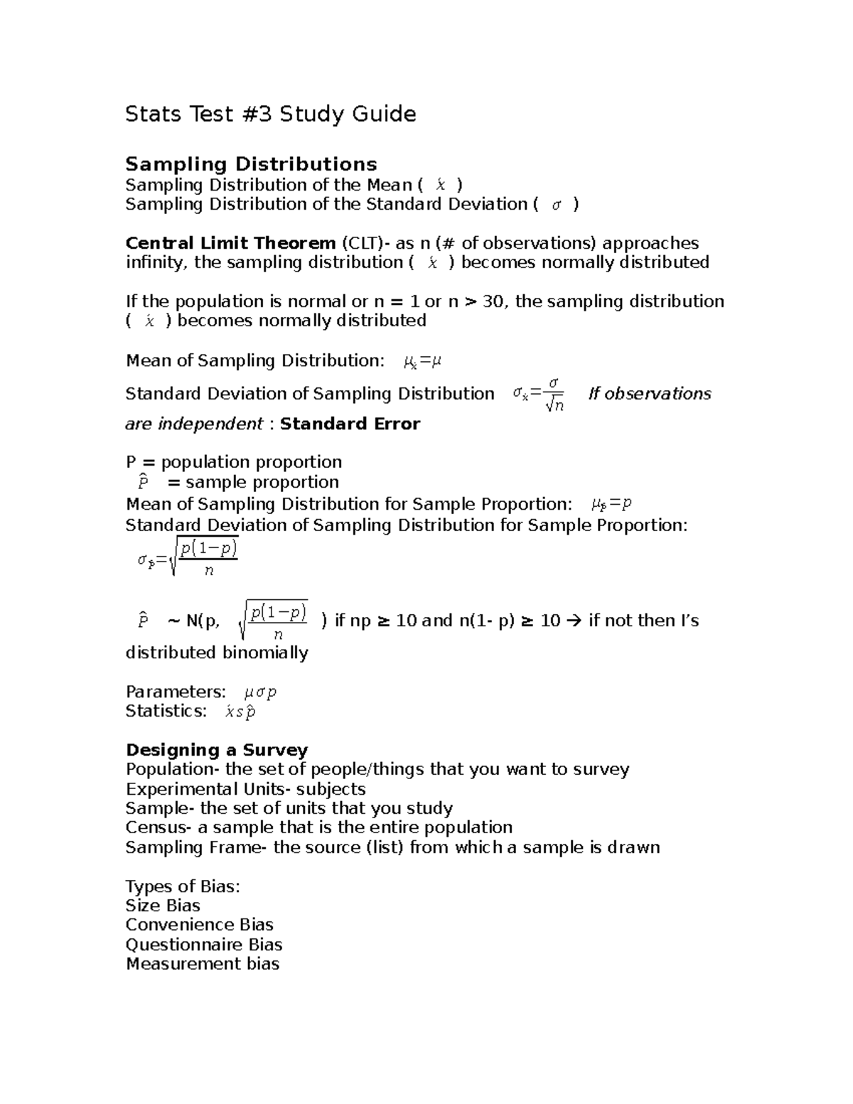 Stats Test 3 Study Guide Stats Test 3 Study Guide Sampling Distributions Sampling Distribution Of Studocu