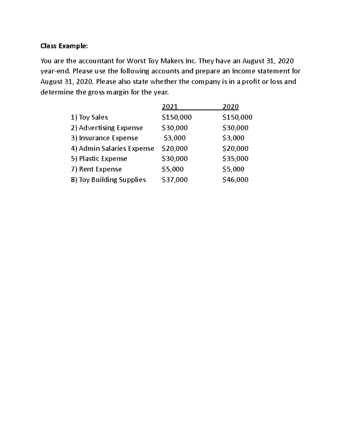 Day 1 - Class Example- Income Statement - Sales Company - Class Example ...