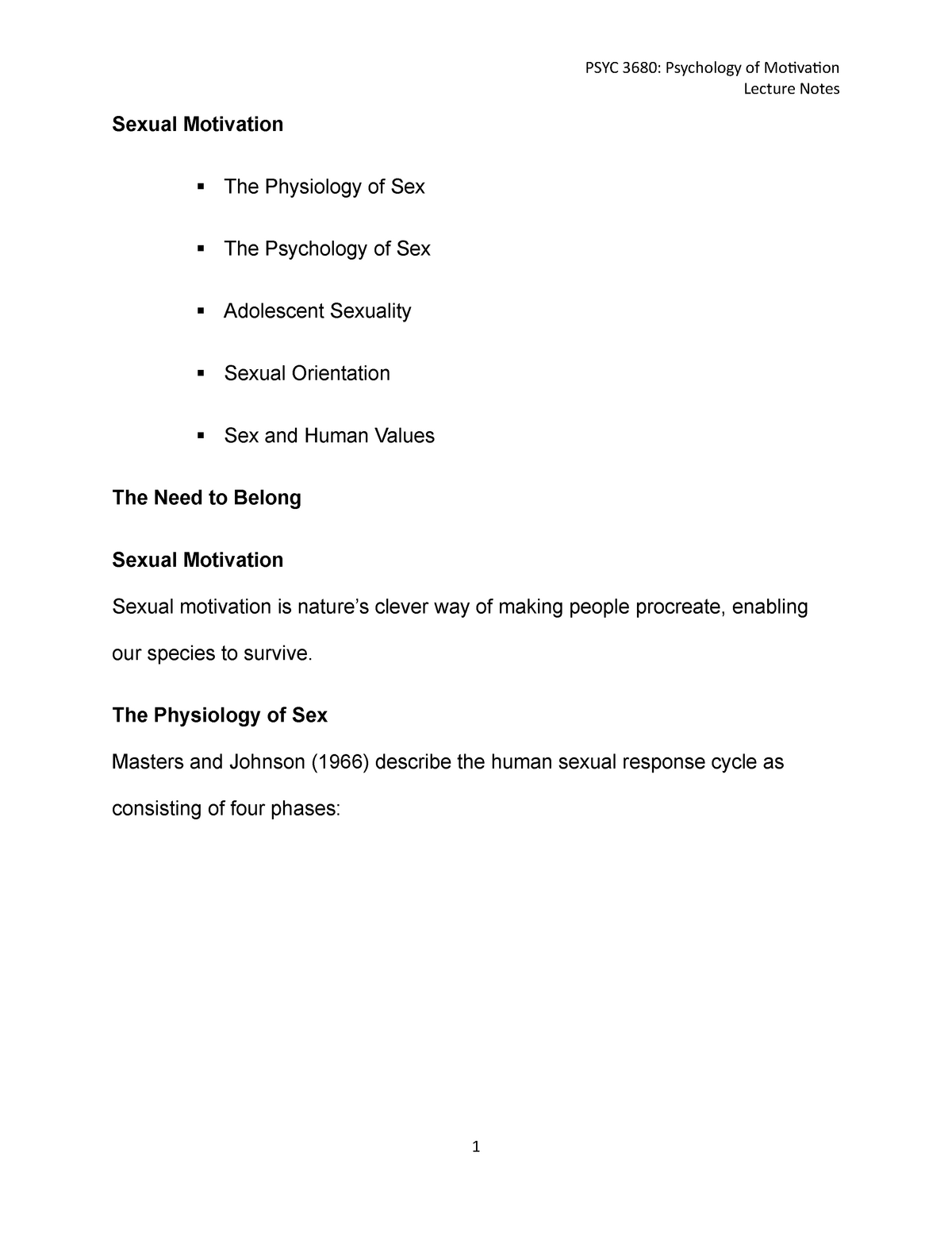 2021 Psyc 3680 Psychology Of Motivation Lecture Notes Psychology Of Sex Sexual Motivation The 