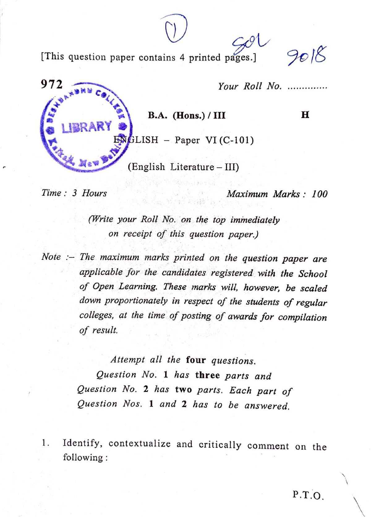 B.A. (H) English-6th Semester-2018 - [This Question Paper Contains 4 ...