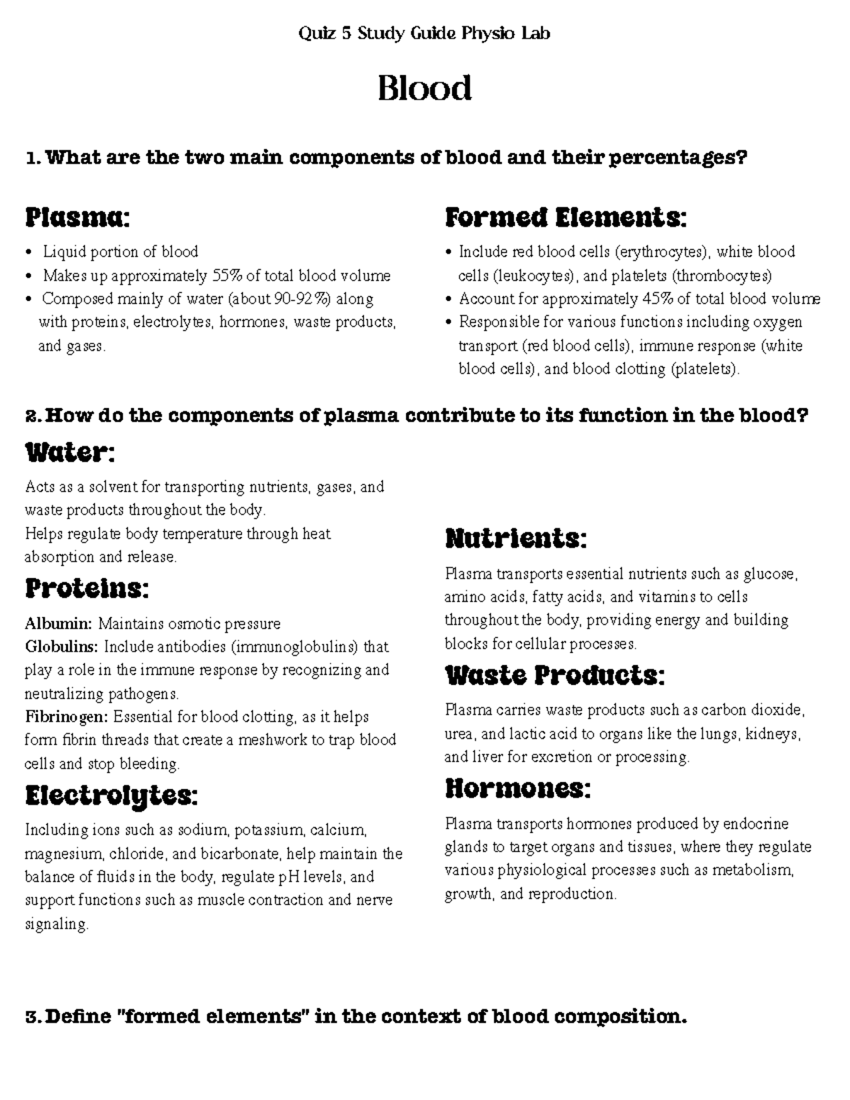 Physio Lab Study Guide 5 - Quiz 5 Study Guide Physio Lab Blood 1. What ...
