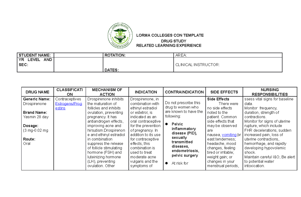 Drug sample - Drug example - LORMA COLLEGES CON TEMPLATE DRUG STUDY ...