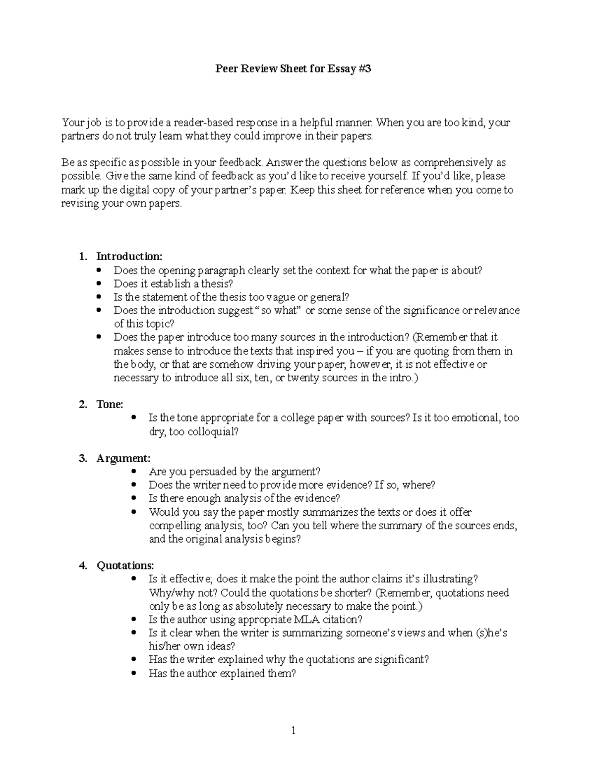 peer review sheet essay