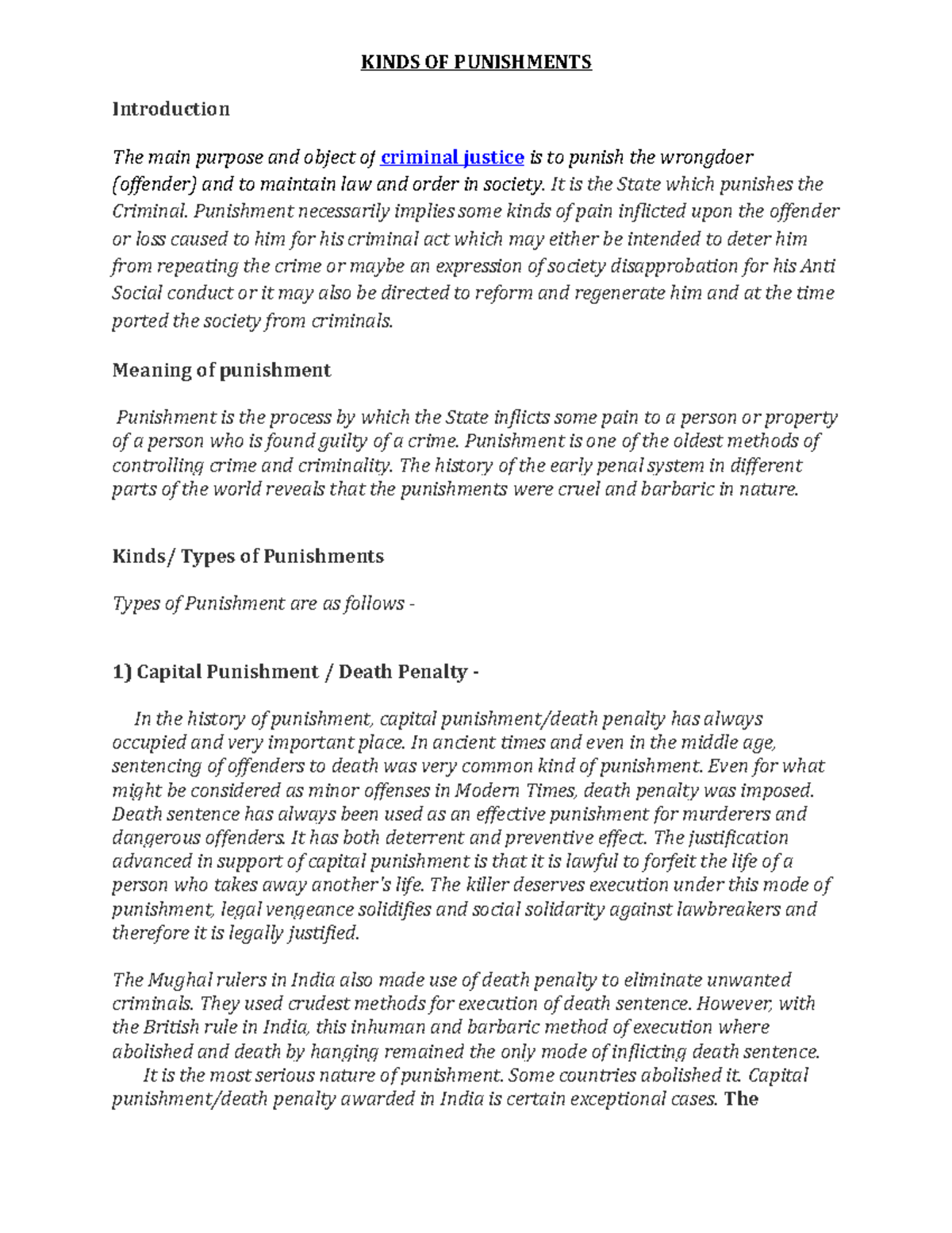 The main purpose and object of KINDS OF PUNISHMENTS Introduction The