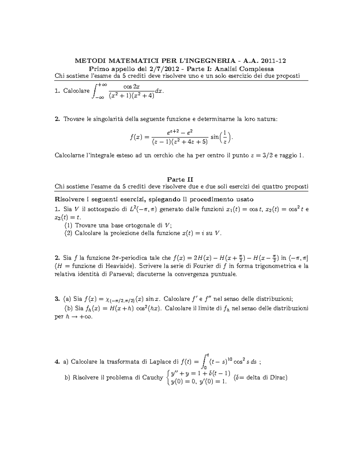 Metodi Matematici Per L Ingegneria Sapienza