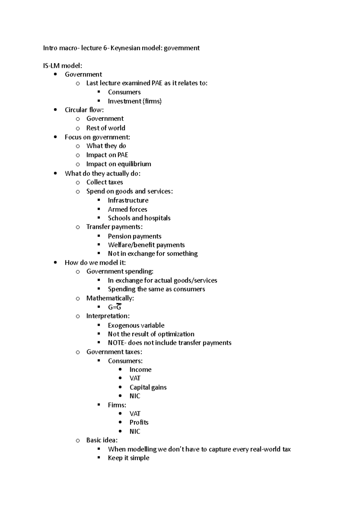 Lecture 6 Intro macro lecture 6 Keynesian model government ISLM