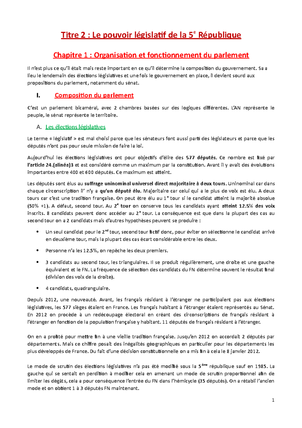 Chapitre 1. Organisation et fonctionnement du parlement - Titre 2 : Le ...