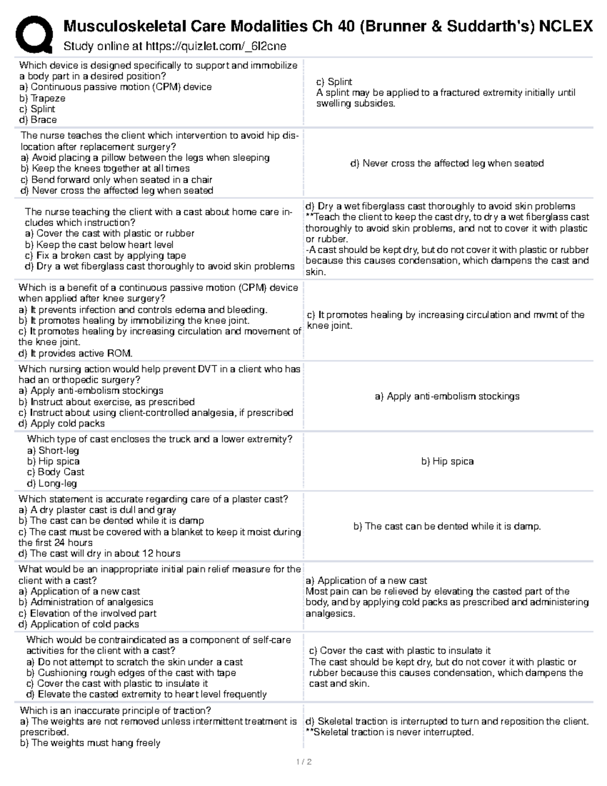 Musculoskeletal Care Modalities Ch 40 (Brunner Suddarth s) Nclex ...