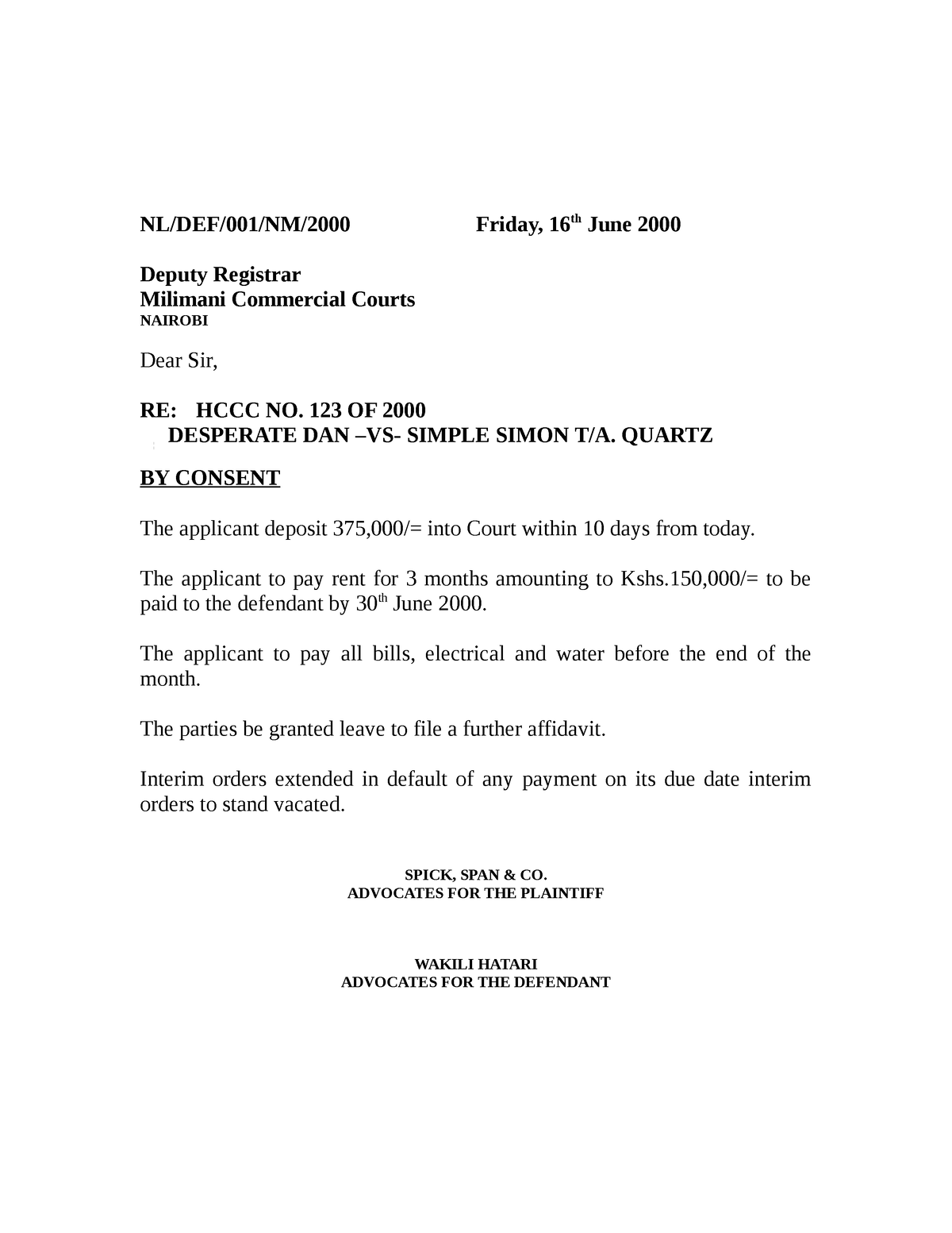 Consent Agreement To Registrar - NL/DEF/001/NM/2000 Friday, 16th June ...