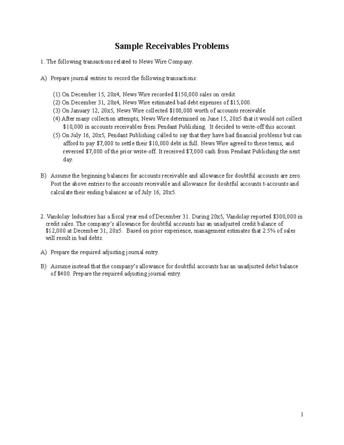 1. Sample Receivables Problems - Sample Receivables Problems The ...