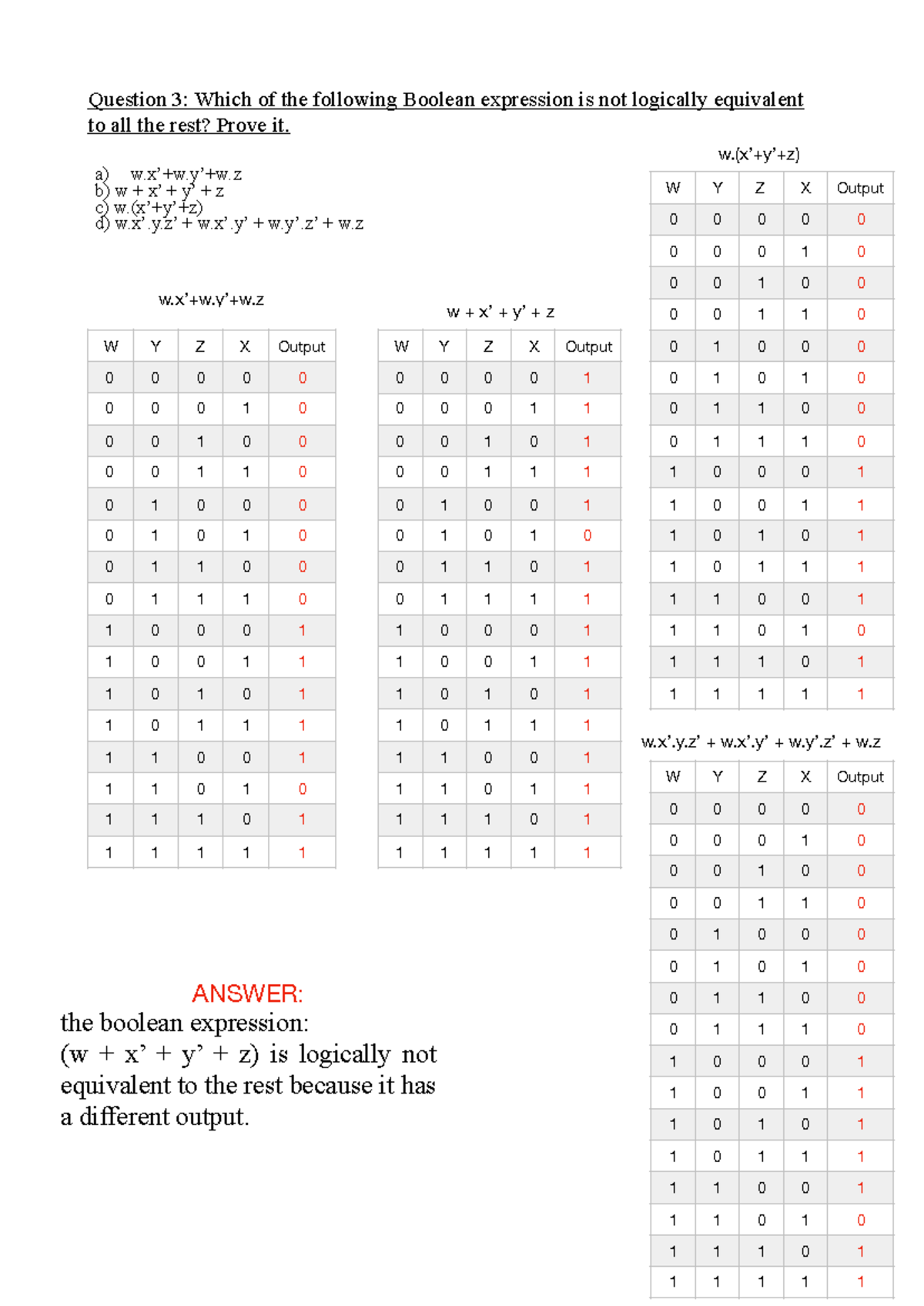 3 - Boolean expression logically equivalency - Question 3: Which of the ...